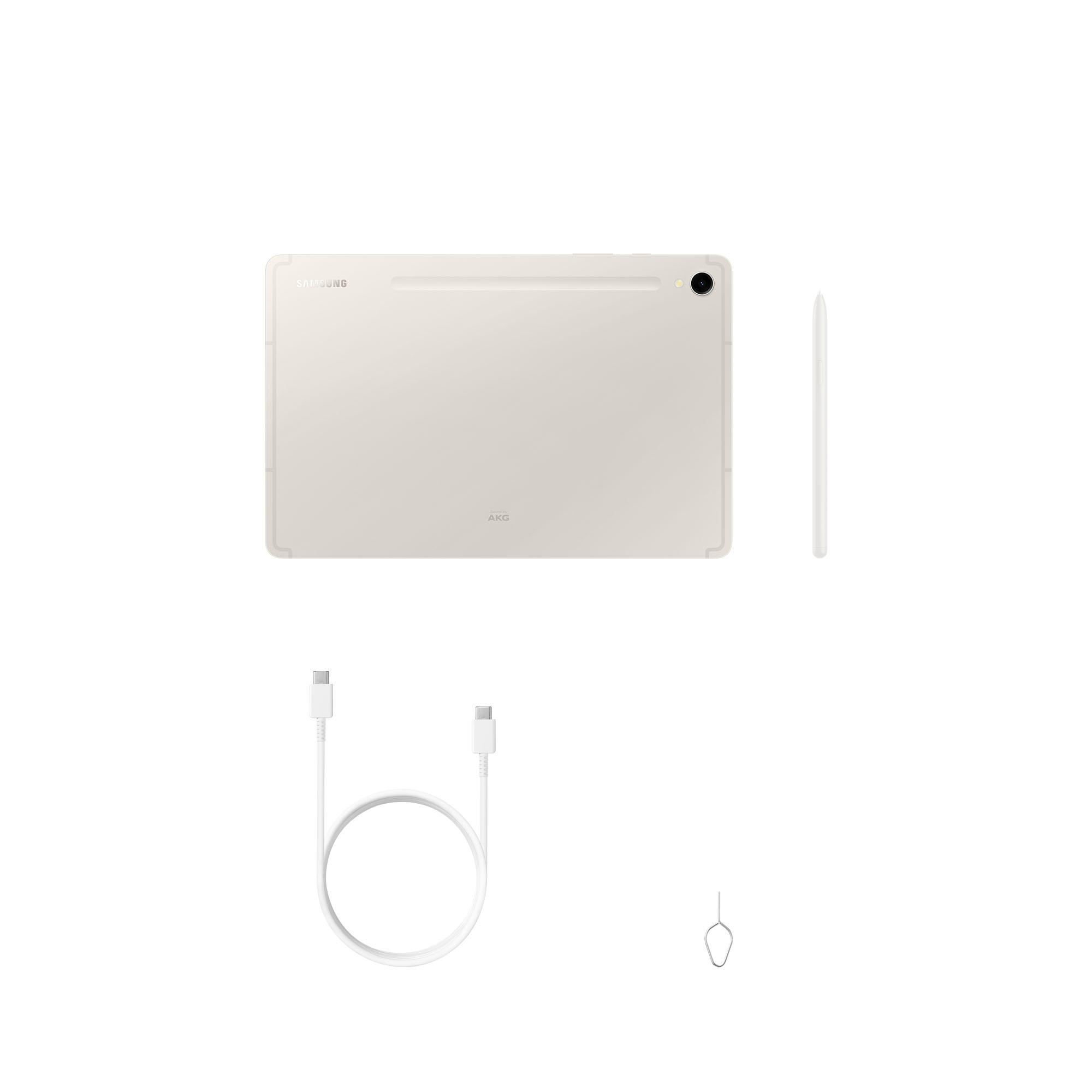 Weißes Tablet, Stift, Kabel und SIM-Werkzeug auf weißem Hintergrund.