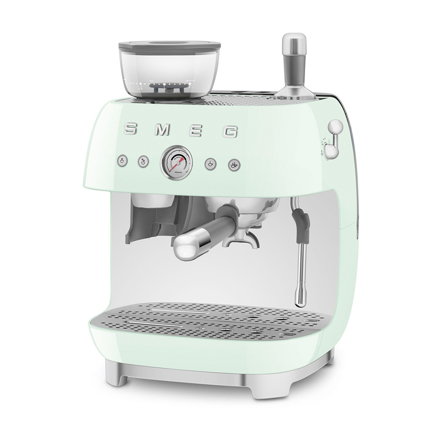 Macchina per espresso Smeg verde menta, con macinacaffè e portafiltro. Su sfondo bianco.