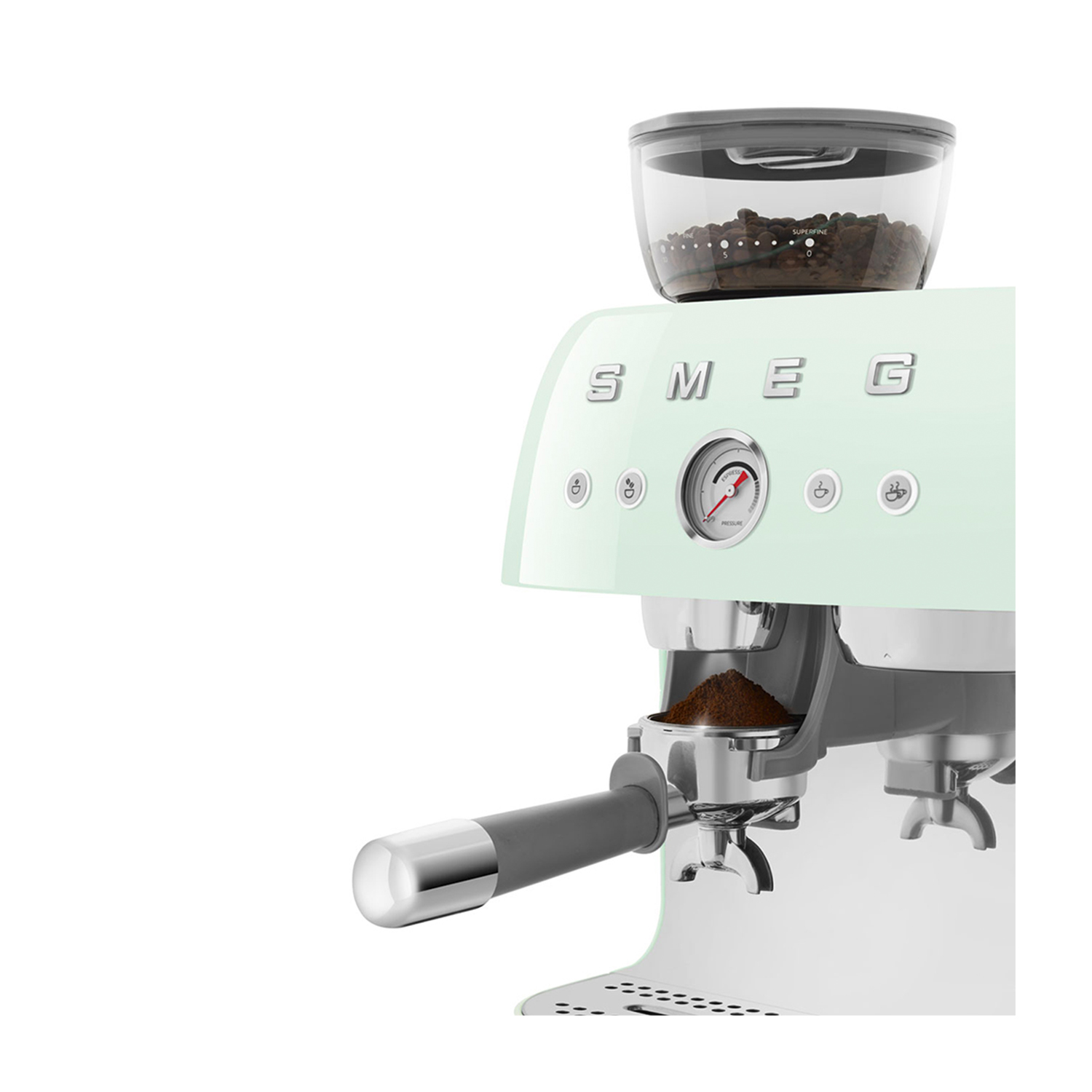 Una macchina per caffè espresso SMEG verde menta con un contenitore per chicchi di caffè, vista laterale.