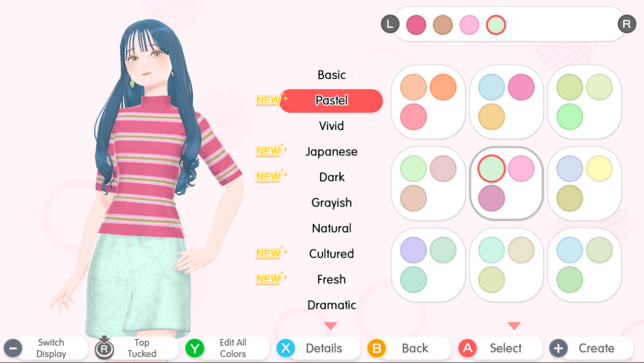 Eine Frau in pinkfarbenem Hemd und Shorts wählt eine Farbpalette auf einer digitalen Oberfläche aus.