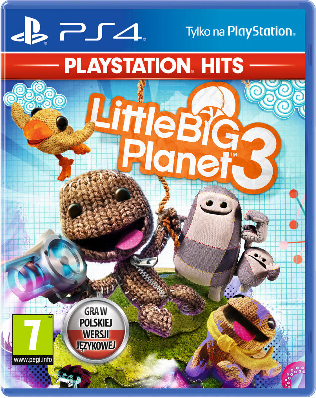 Okładka gry LittleBigPlanet 3 na PS4 z postaciami, logo i tekstem w języku polskim na niebieskim tle.