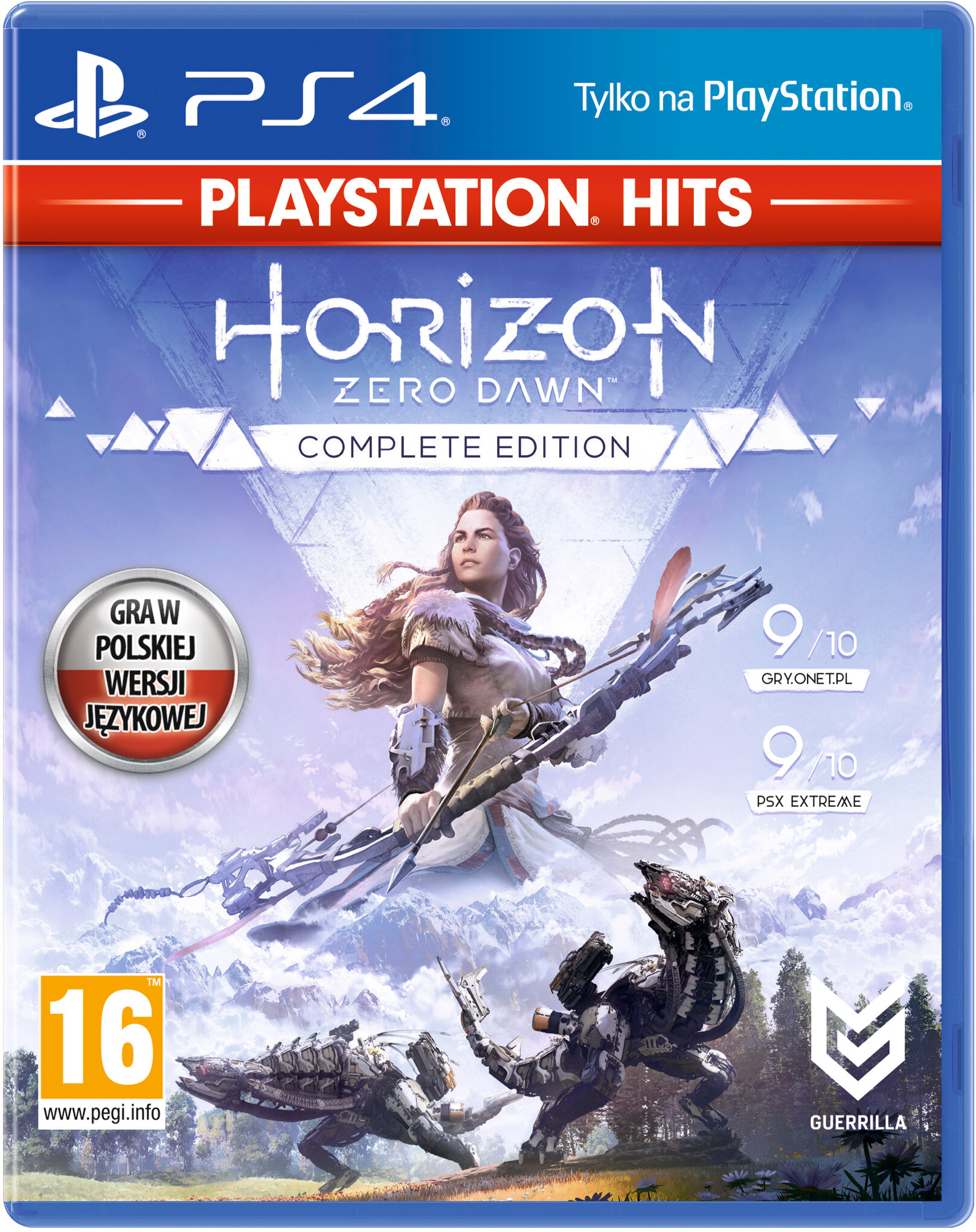 Okładka gry PS4: Horizon Zero Dawn. Przedstawia postać żeńską z łukiem i strzałą.