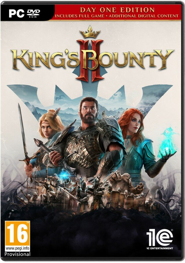 Grafika pudełka gry wideo: King's Bounty 2, z trzema postaciami i scenerią fantasy.