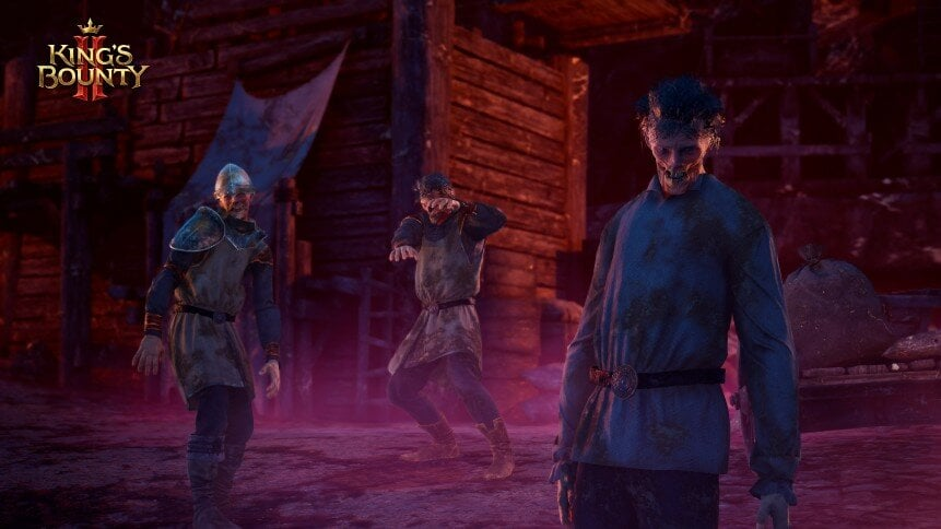 Trzy niesamowite postacie w zbrojach i łachmanach stoją we mgle przed drewnianymi budynkami.