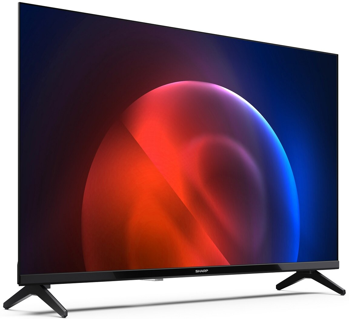 Telewizor Sharp z płaskim ekranem wyświetlający kolorowy, abstrakcyjny obraz na białym tle. Telewizor stoi na nóżkach.