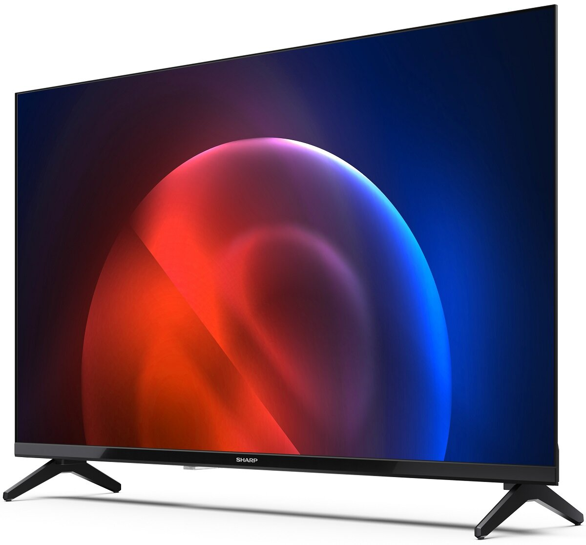 Czarny telewizor z płaskim ekranem wyświetla abstrakcyjny obraz w kolorach czerwonym i niebieskim na białym tle.