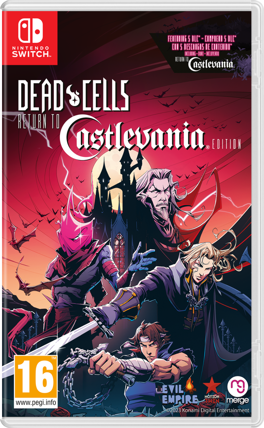 Nintendo Switch gamebox art met verschillende personages en een rode achtergrond. Titel: Dead Cells.