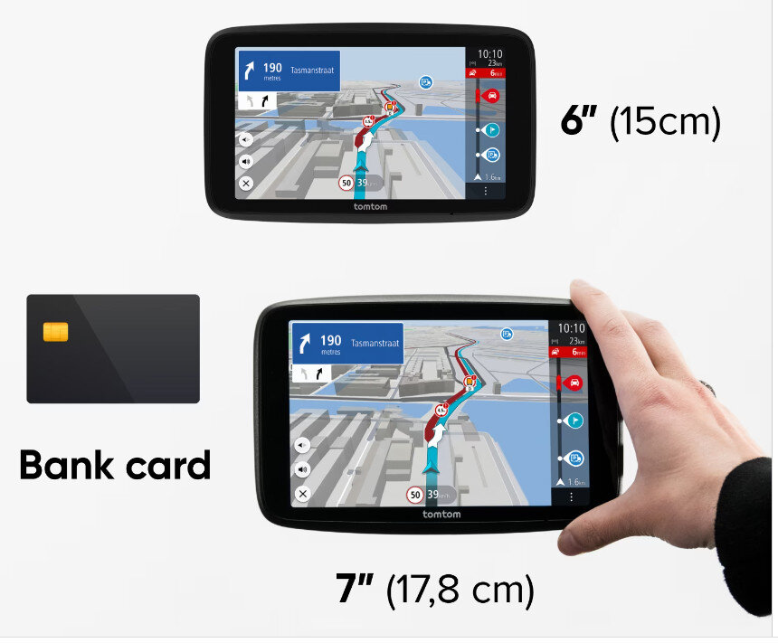Dwa urządzenia nawigacyjne Tomtom, karta bankowa i oznaczenia rozmiaru.