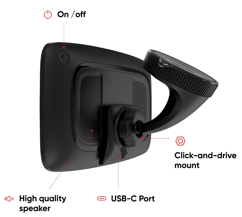 Czarne urządzenie GPS z głośnikiem, portem USB-C, przyciskiem włączania/wyłączania i uchwytem.
