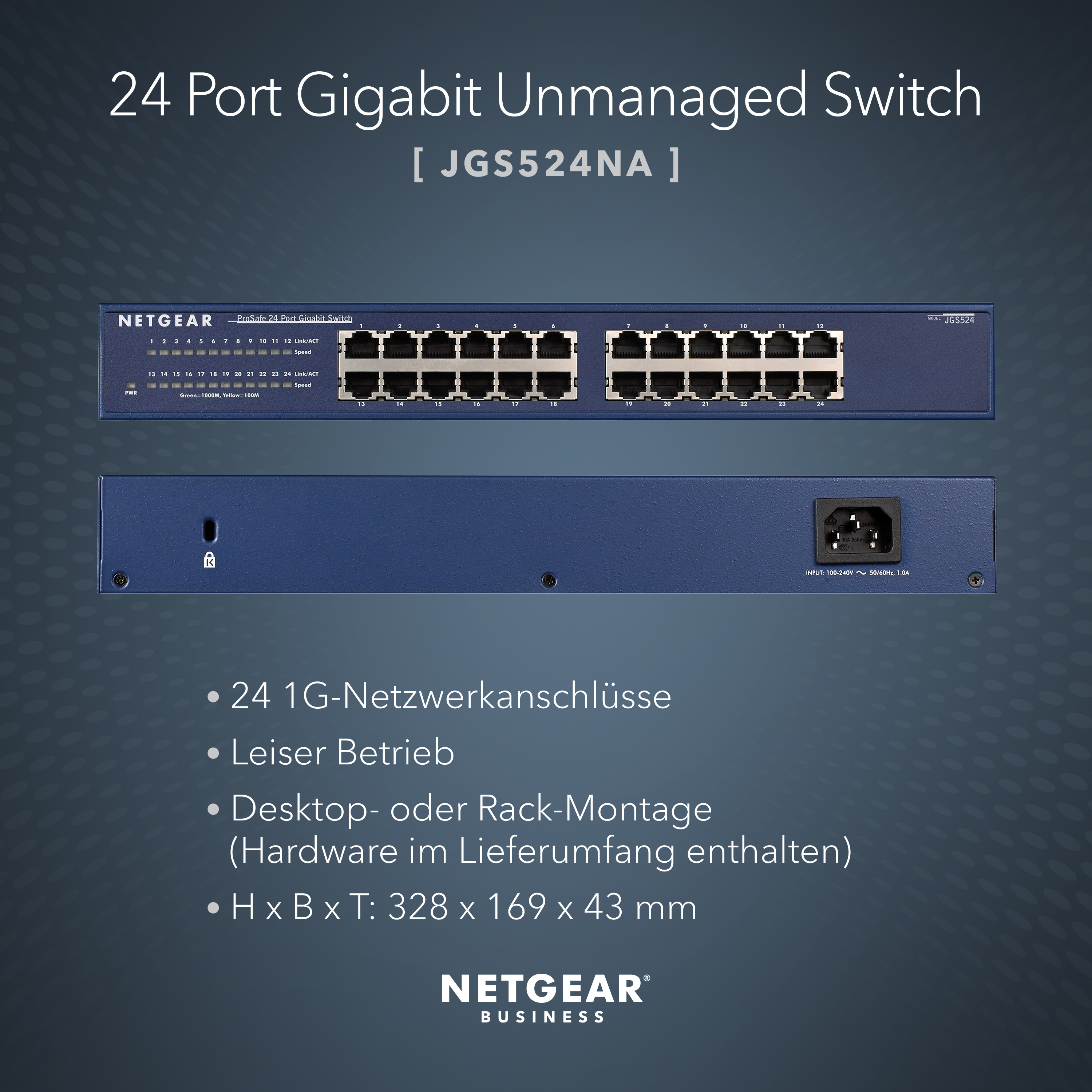 Ein blauer Netgear-Netzwerk-Switch mit Anschlüssen und Beschriftungen, Text auf Englisch und Deutsch.