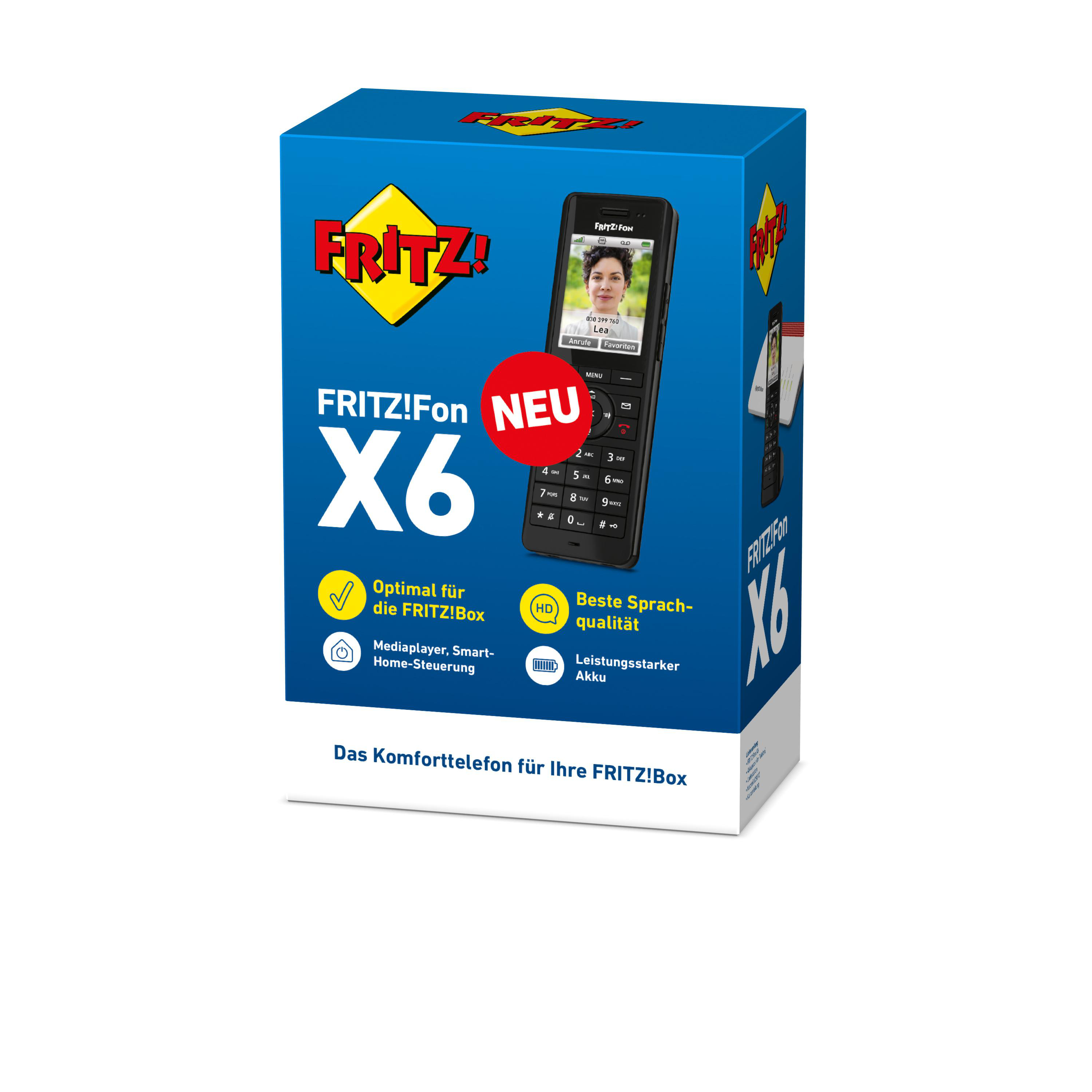 Ein Telefonkarton mit dem Logo "FRITZ!Fon X6" wird mit einem Telefon auf dem Bildschirm angezeigt.