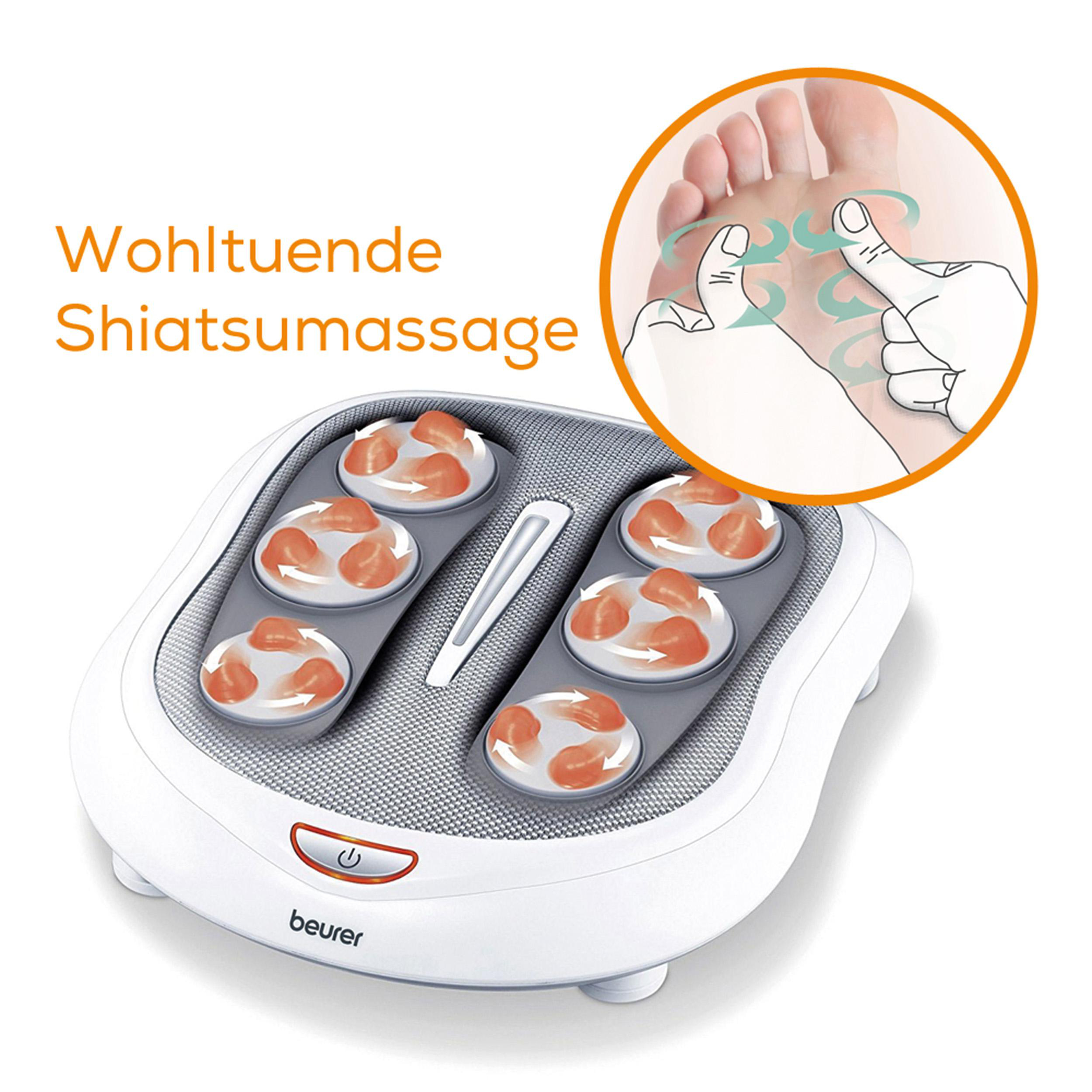 Ein Fußmassagegerät mit orangefarbenen Massageknoten. Ein Diagramm zeigt, wie die Massage funktioniert.