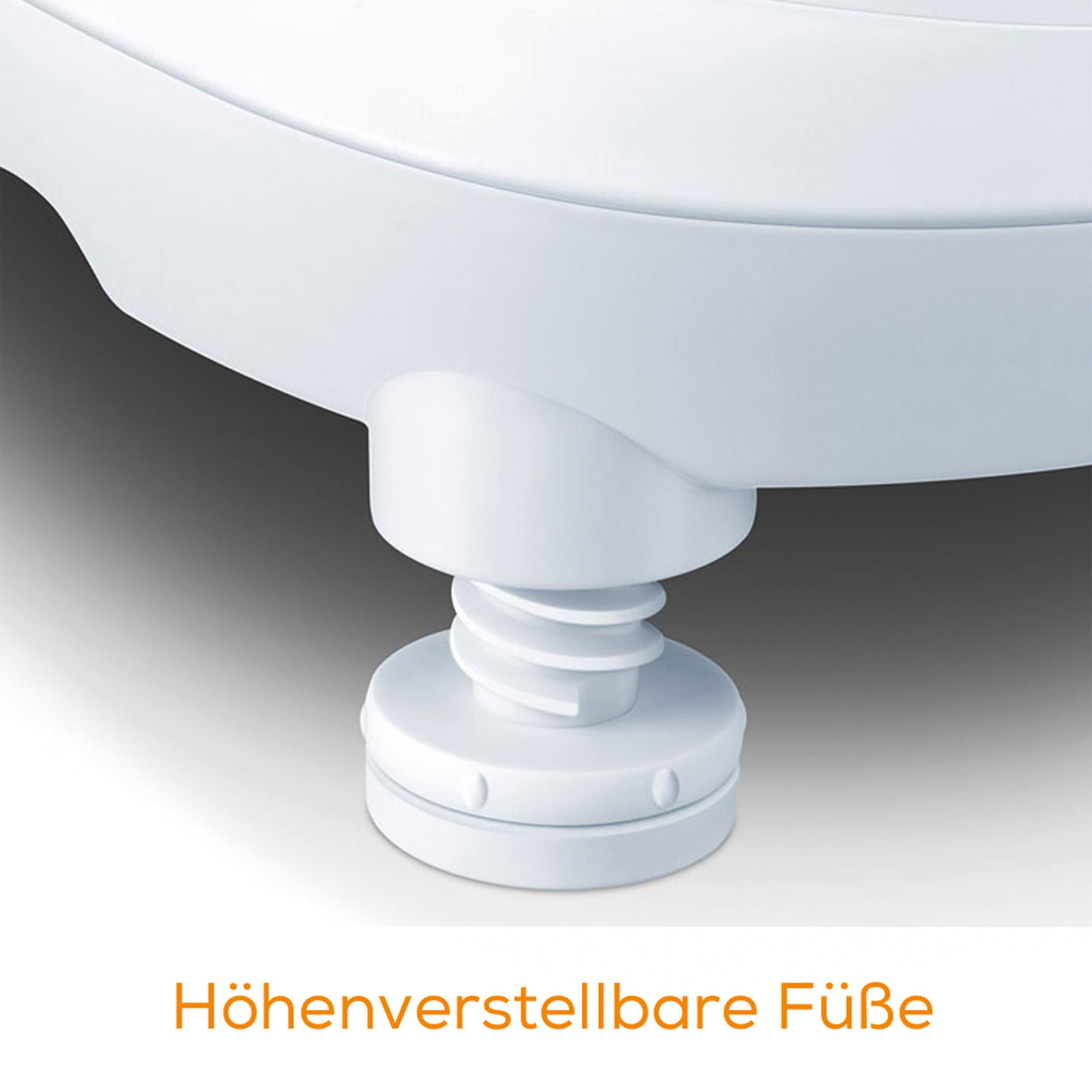 Nahaufnahme des verstellbaren Fußes eines weißen Geräts mit schraubenartigem Mechanismus.