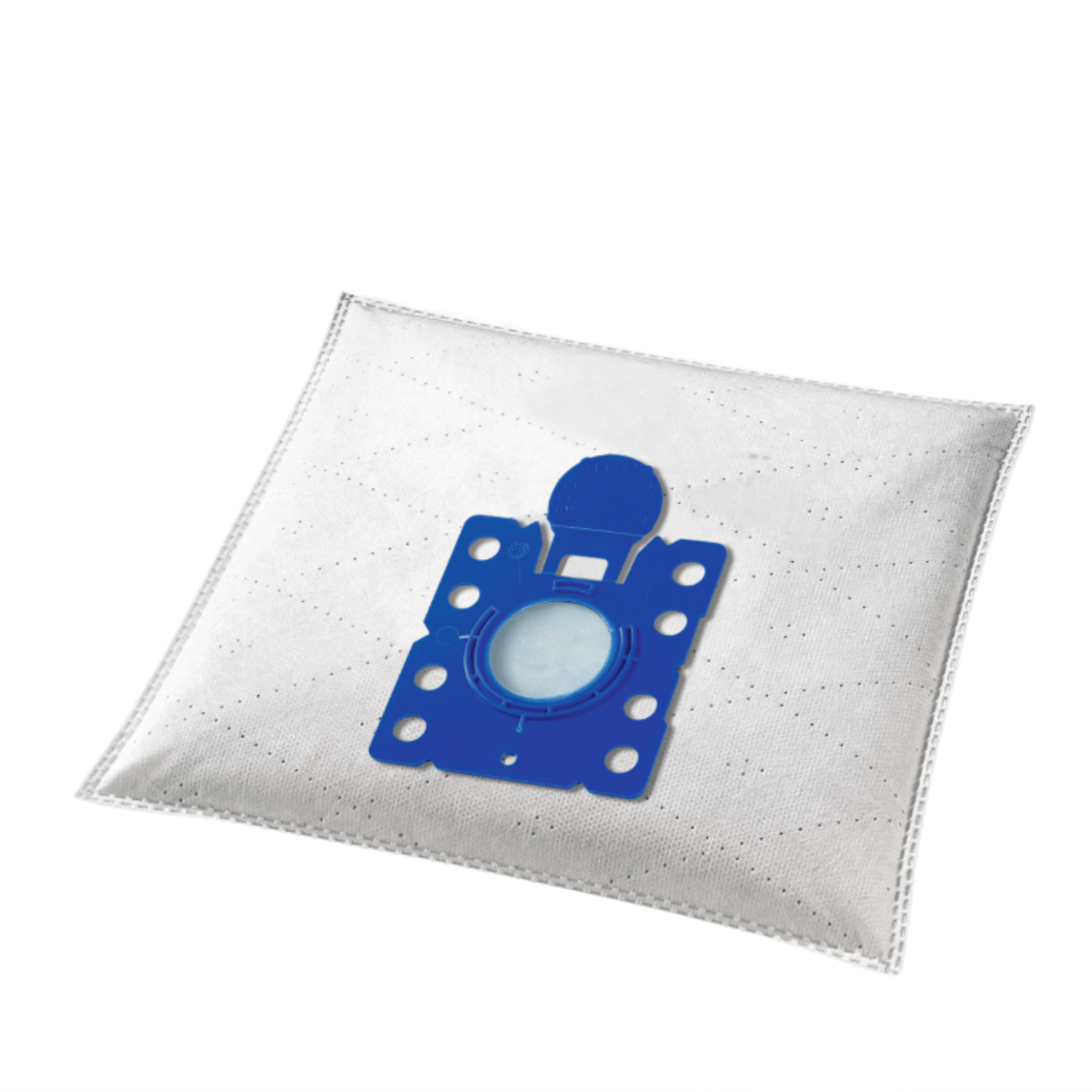 Een witte stofzuigerzak met een blauwe plastic opening.