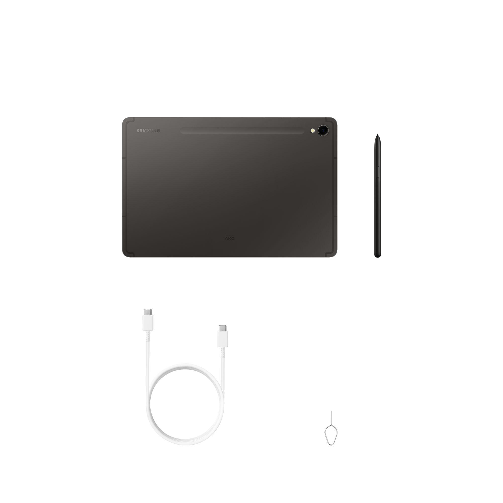 Schwarzes Tablet und Stift, Ladekabel und SIM-Karten-Werkzeug auf weißem Hintergrund.