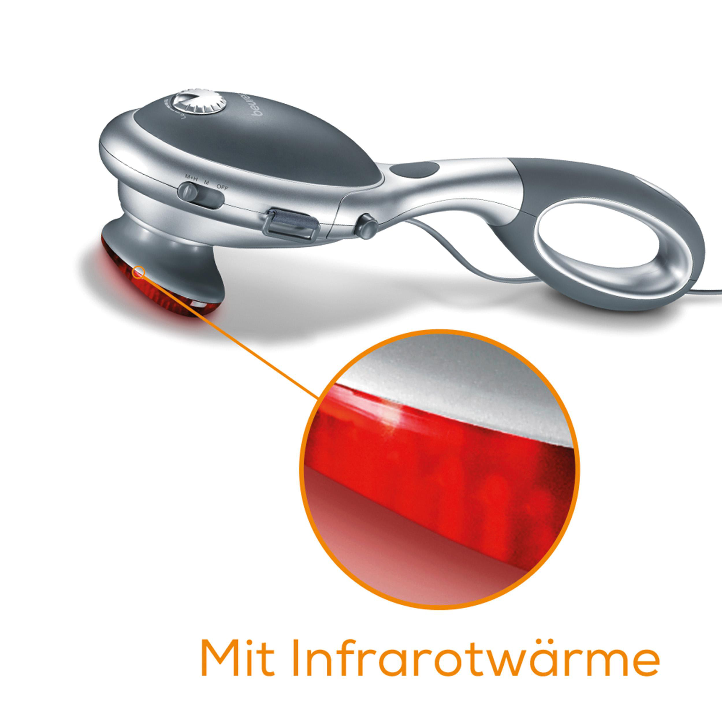 Silbernes Massagegerät mit rotem Licht. Das Gerät befindet sich vor einem weißen Hintergrund, mit Nahaufnahme.