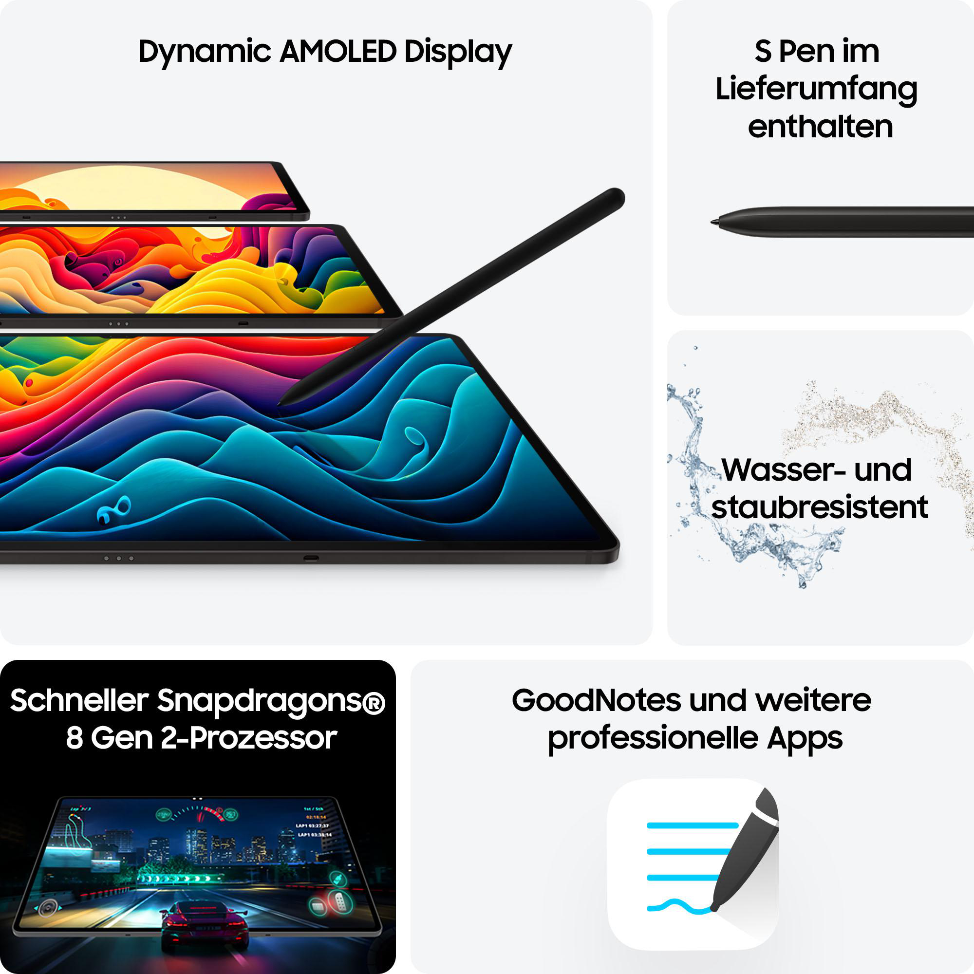Ein Tablet mit Stift und Anzeige verschiedener Apps, mit zusätzlichen Details zu Funktionen und Prozessoren.