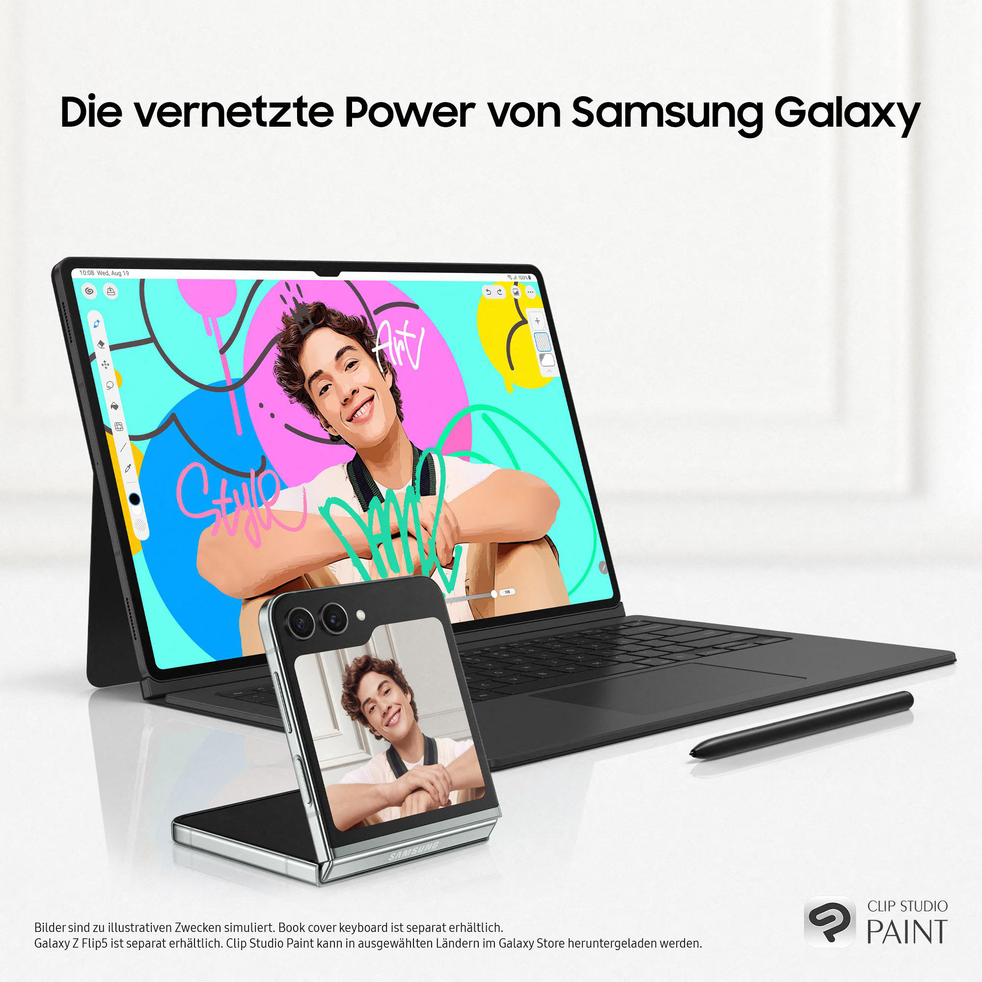 Ein Laptop und ein Telefon sind geöffnet und zeigen ein digital gezeichnetes Porträt.