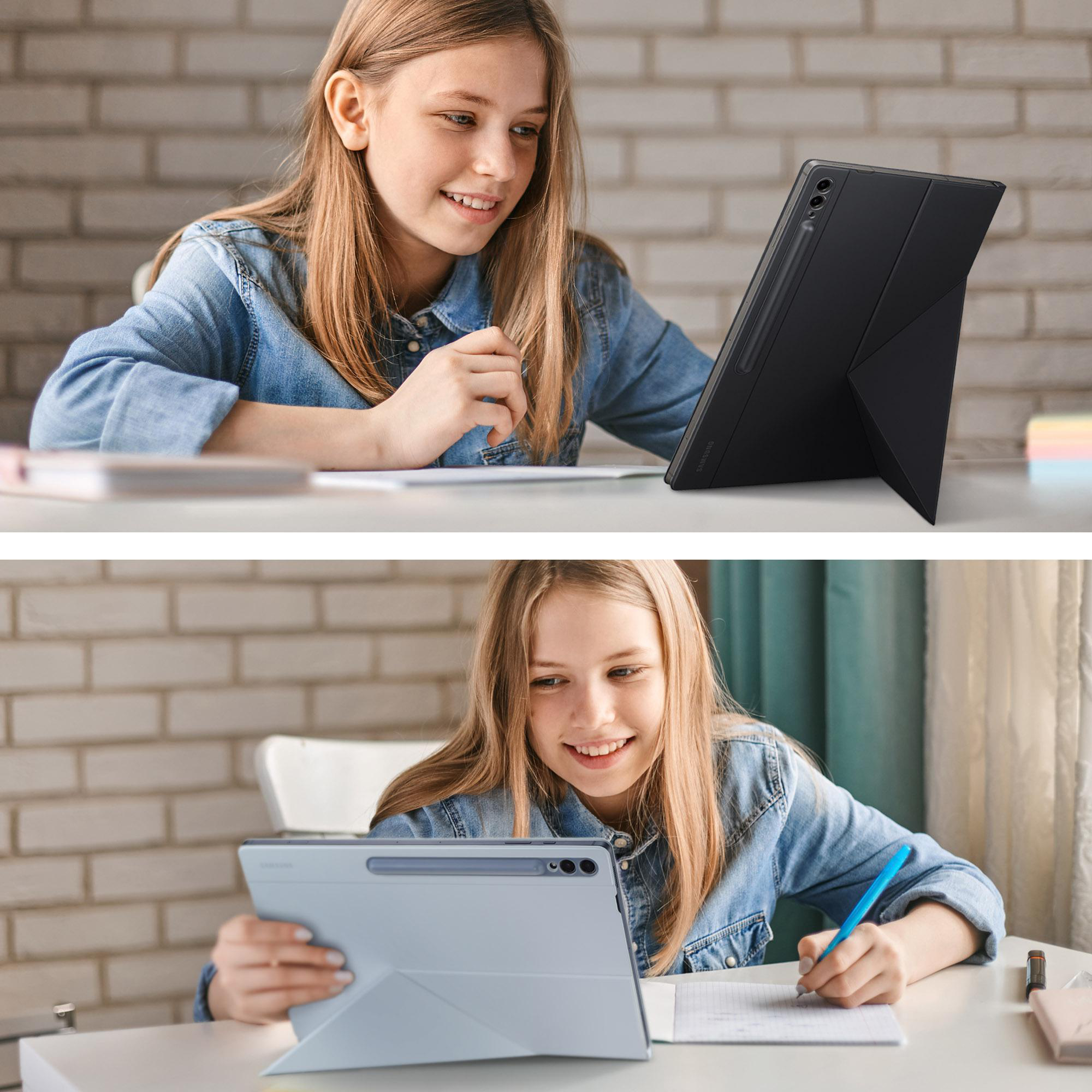 Zwei Bilder: Ein Mädchen, das ein Tablet in einem Gehäuse benutzt, und ein Mädchen, das mit einem Stift schreibt.