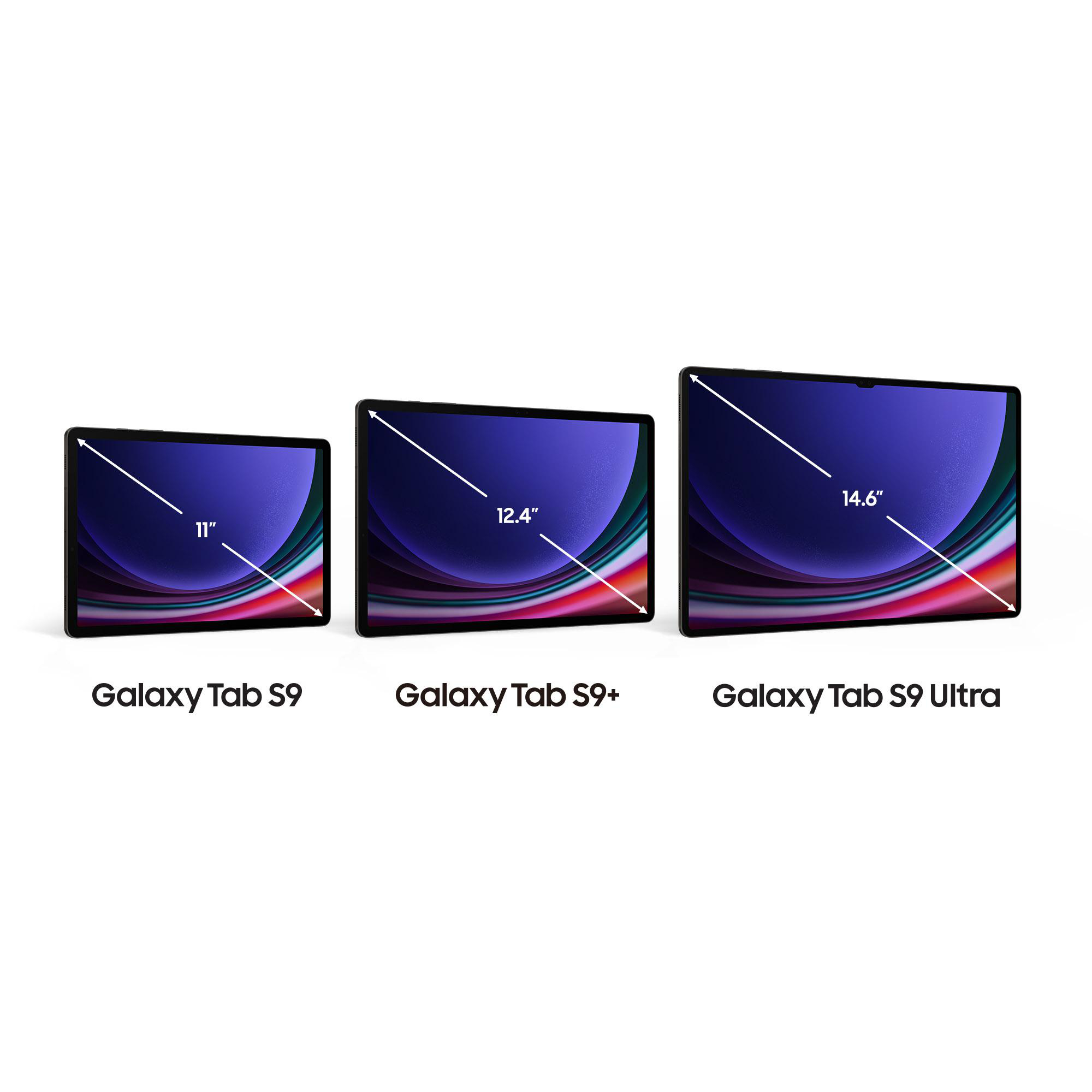 Drei Tablets in verschiedenen Größen mit Größenangaben. Text: Galaxy Tab S9, S9+ und S9 Ultra Größen.