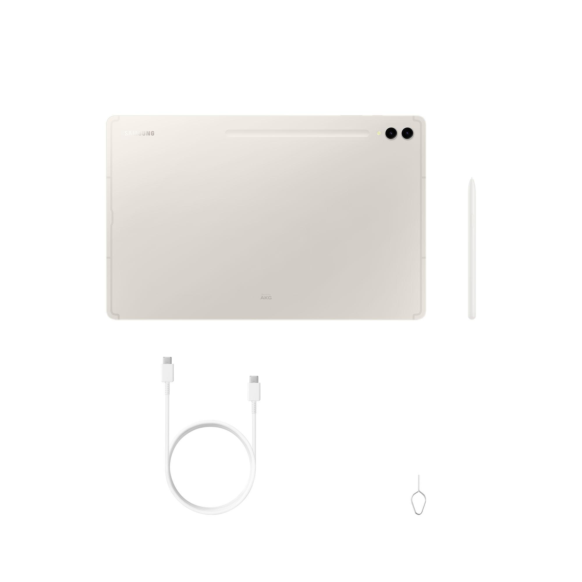 Ein Tablet mit Zubehör, darunter ein Stift, Ladekabel und SIM-Kartenwerkzeug.