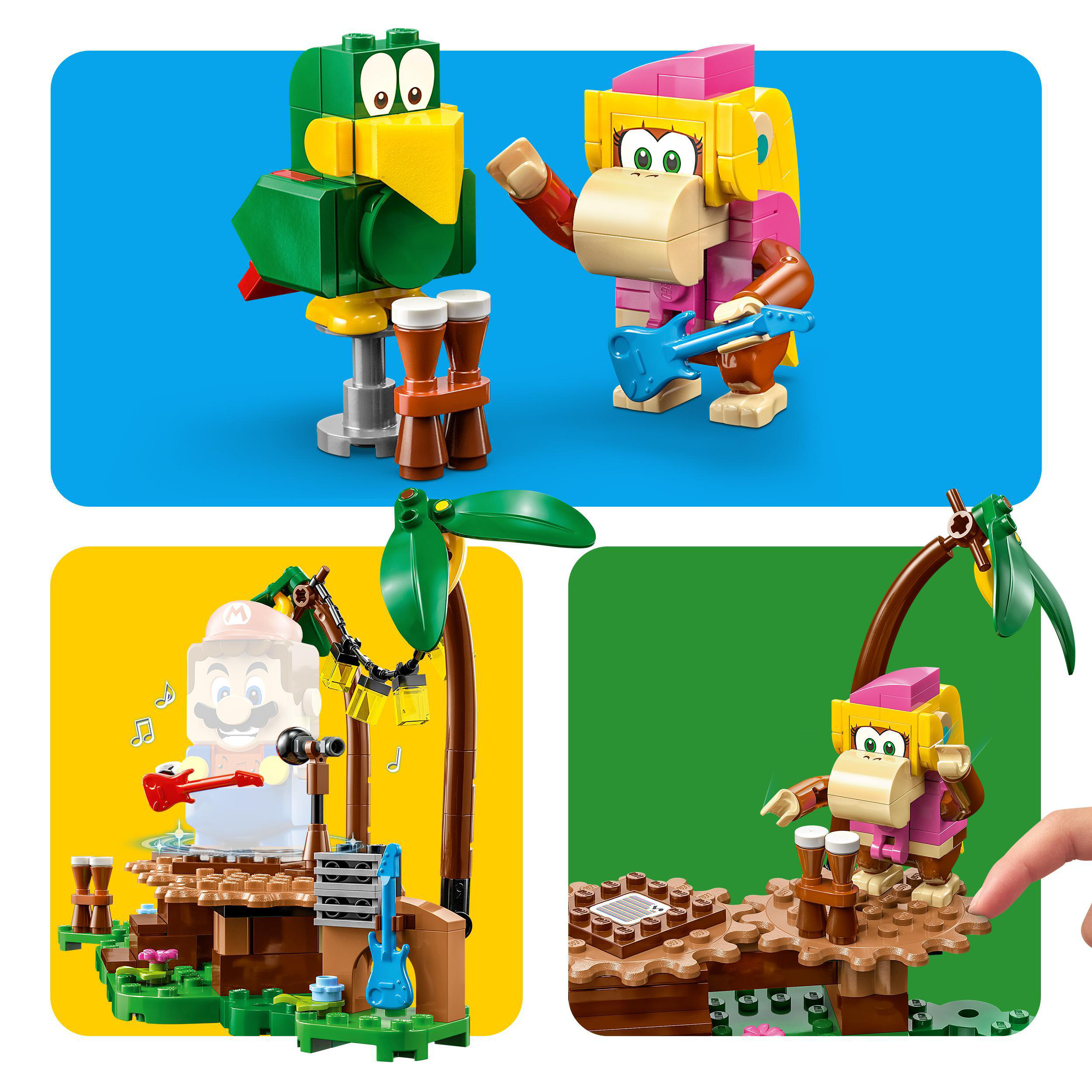 LEGO-Set mit Donkey Kong-Charakteren. Enthält DK, Diddy Kong und eine Mario-Figur, auf farbenfrohen Hintergründen.