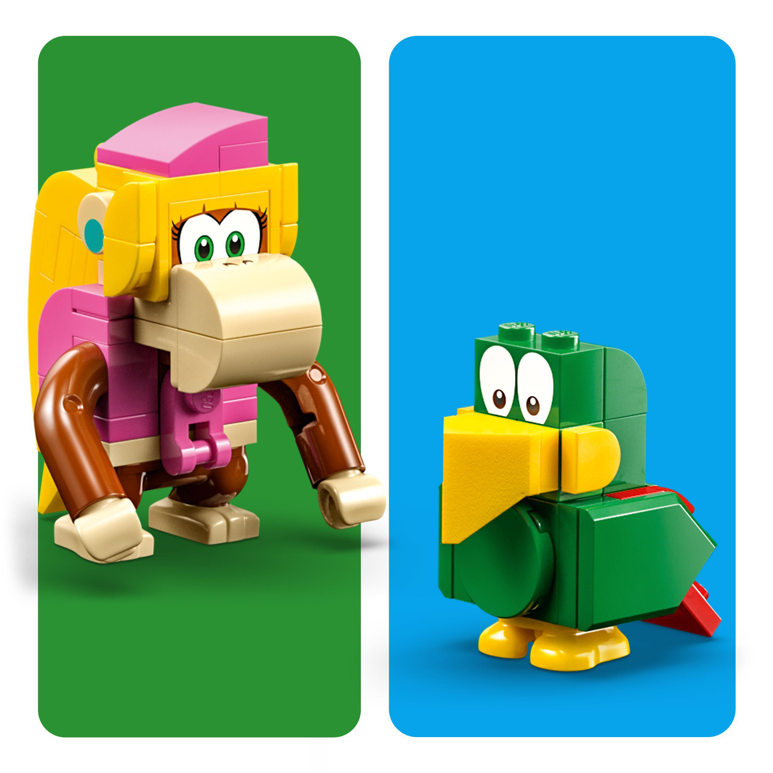 Zwei Lego-Figuren: ein rosa-gelber Donkey Kong Charakter und ein grüner Papagei.