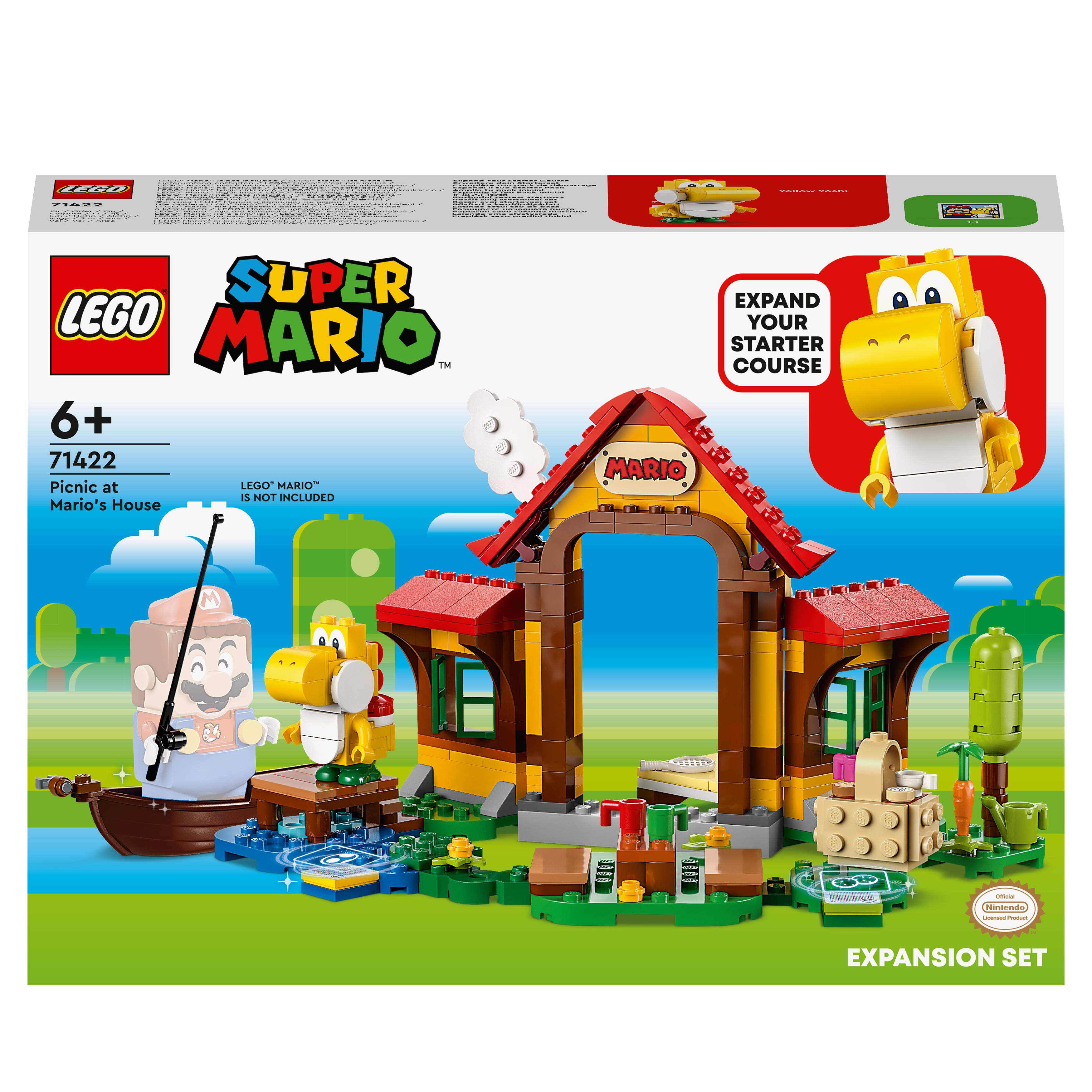 Ein Lego Super Mario Set: Picknick bei Marios Haus, mit Mario und Yoshi Figuren.