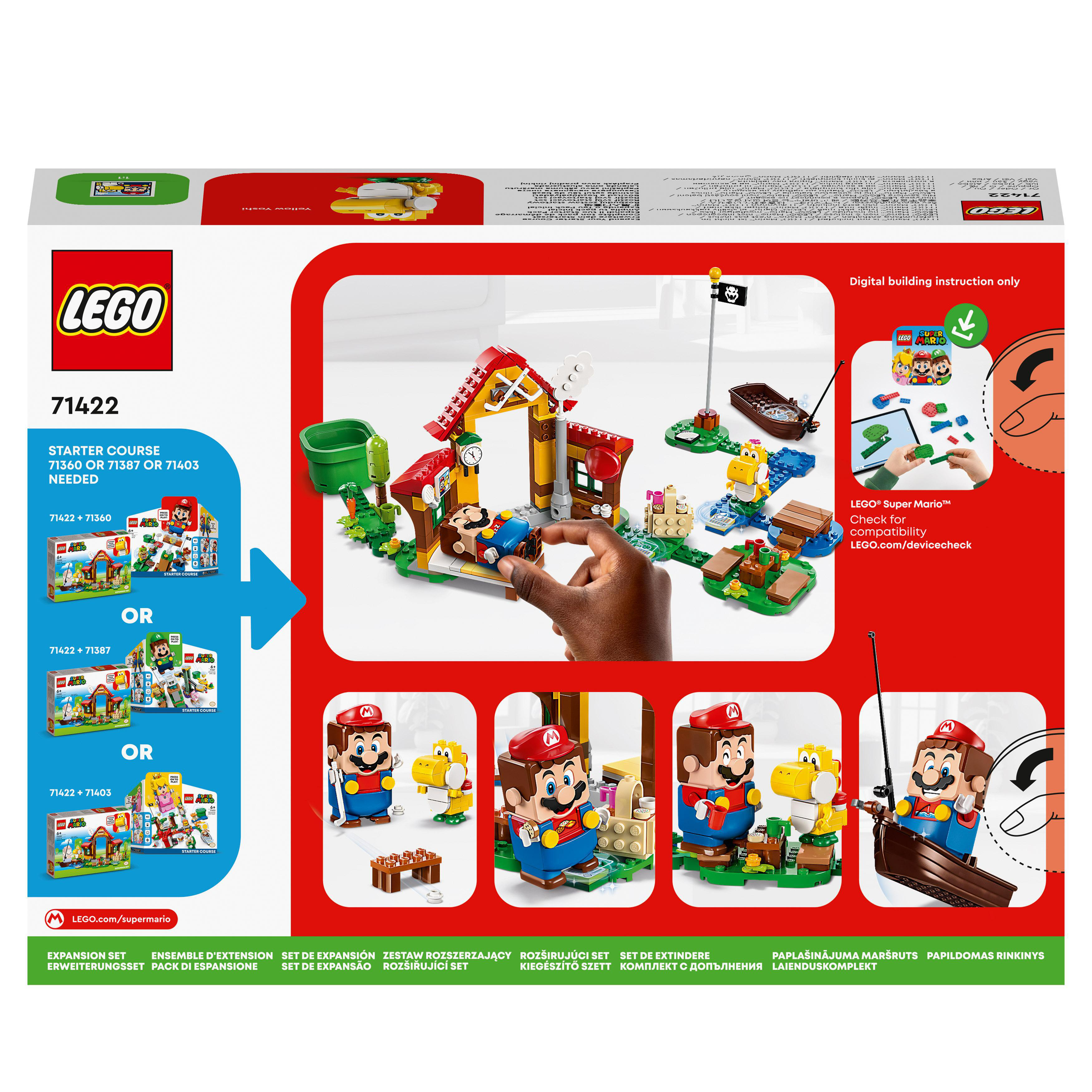 LEGO-Box: Eine Bauszene mit Mario und anderen Figuren. Illustrationsanweisungen.