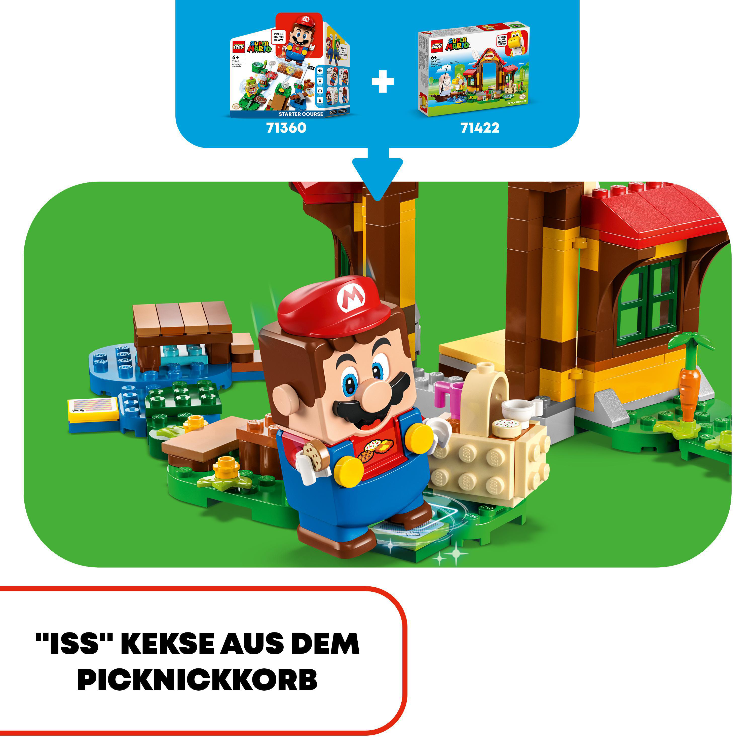 Ein Lego-Set mit einer Mario-Figur und einer Picknickkorb-Szene.