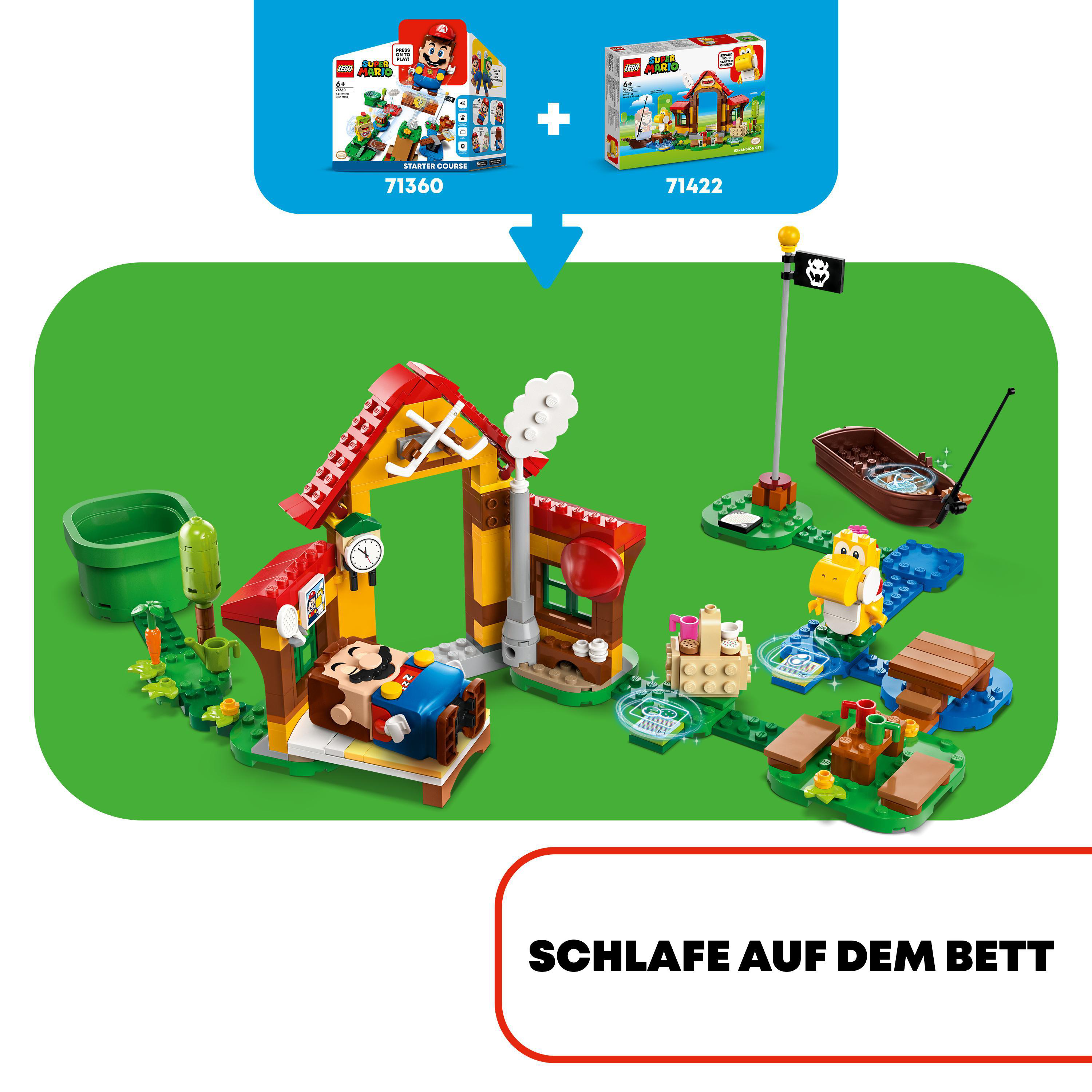 Lego-Set mit Mario-Figur. Szene enthält Gebäude, Hindernisse und eine grüne Röhre.