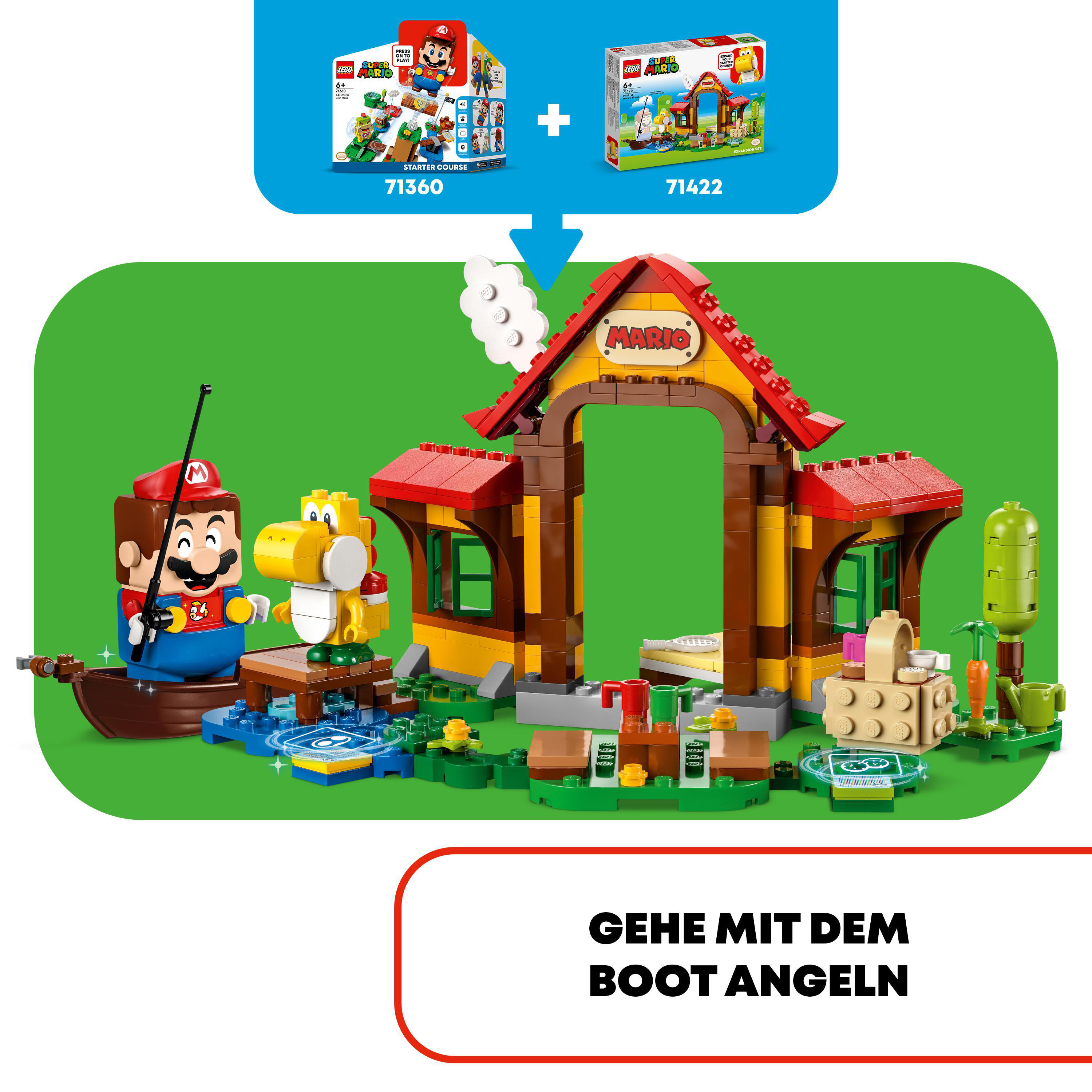 Lego Mario-Set mit Mario, Yoshi und einer Angelszene, sowie zwei Lego-Boxen im Hintergrund.