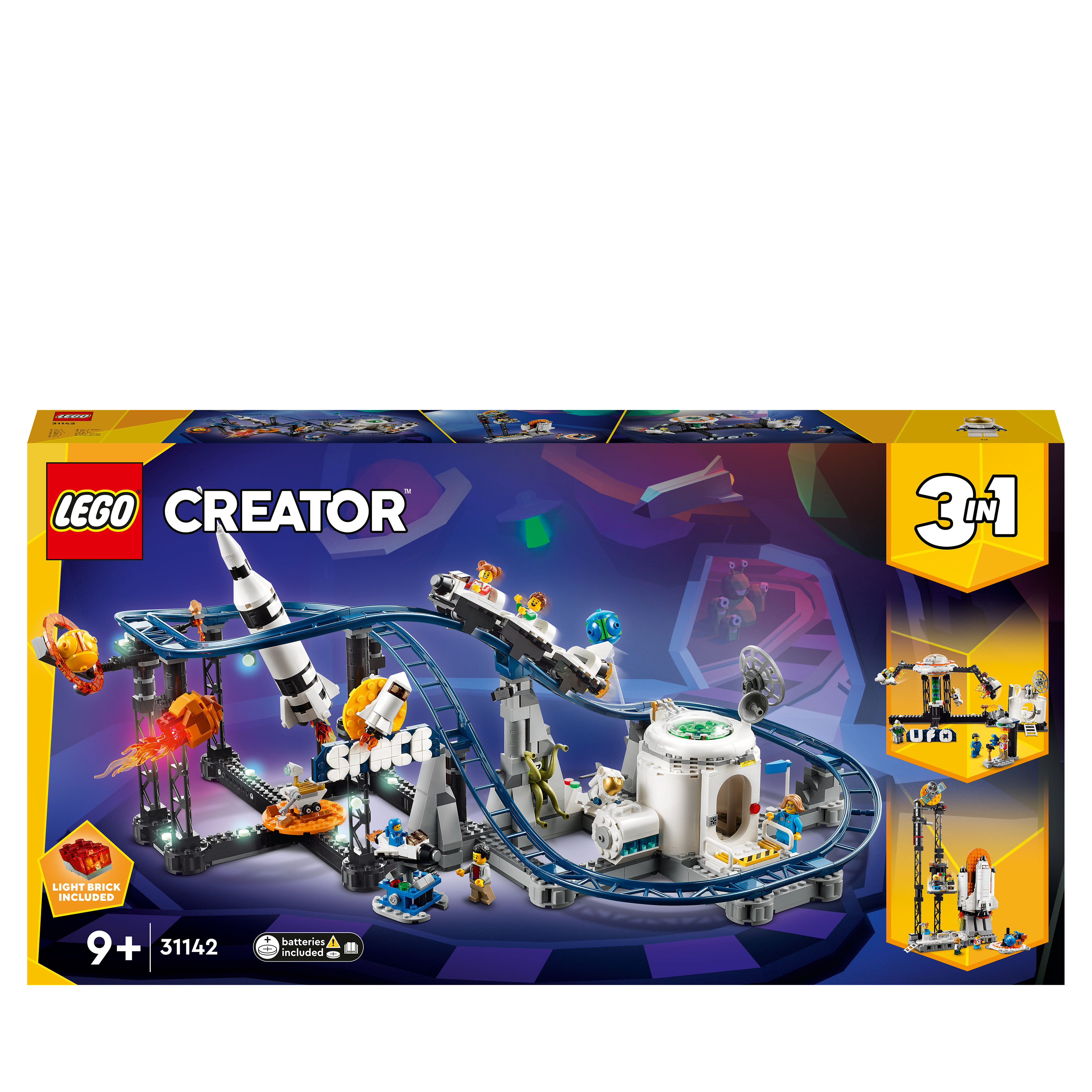 Eine Lego Creator Box mit einer Rakete, einer Achterbahn und anderen Weltraum-Elementen.