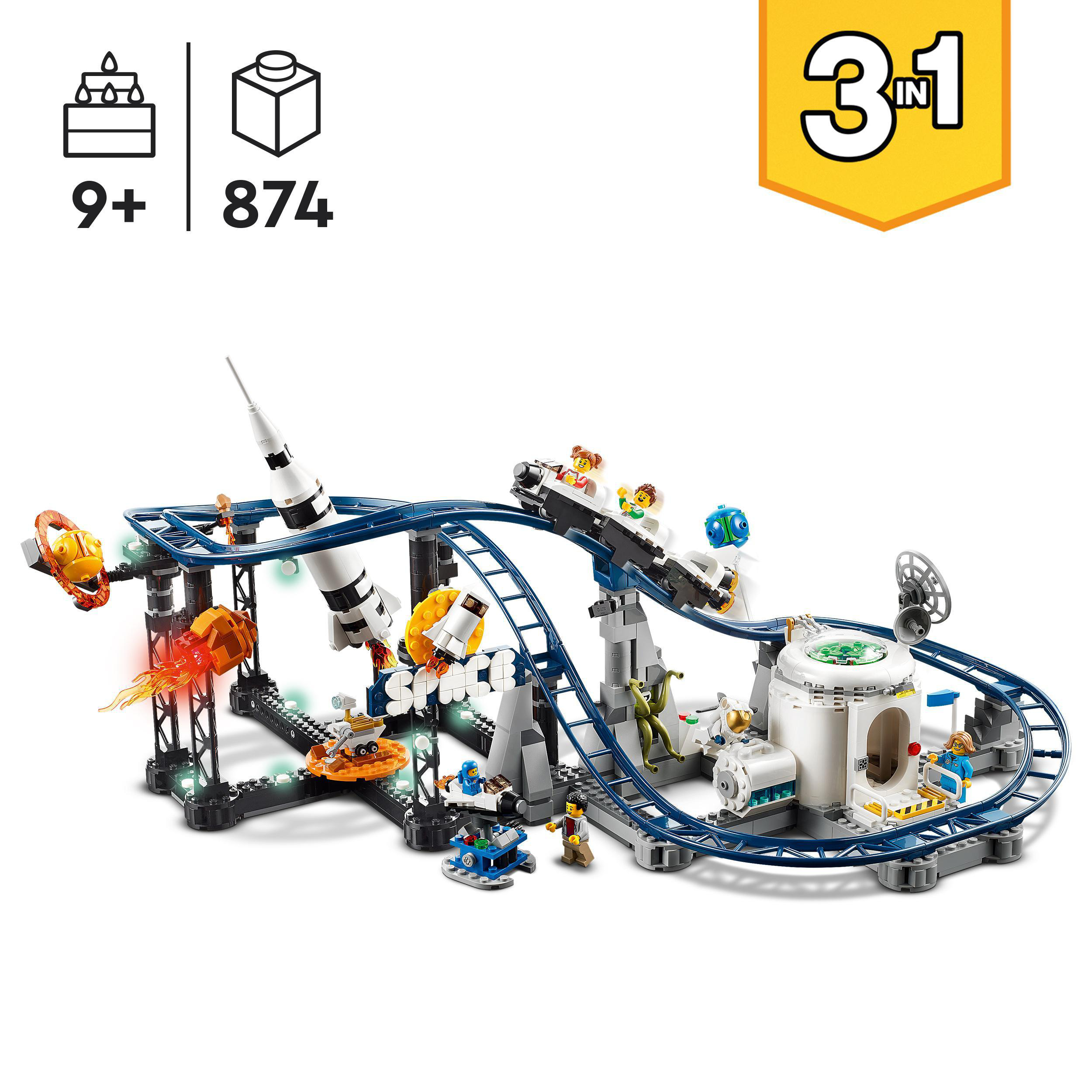 Lego Weltraum-Achterbahn-Set mit Rakete, Astronauten und einer Raumstation.