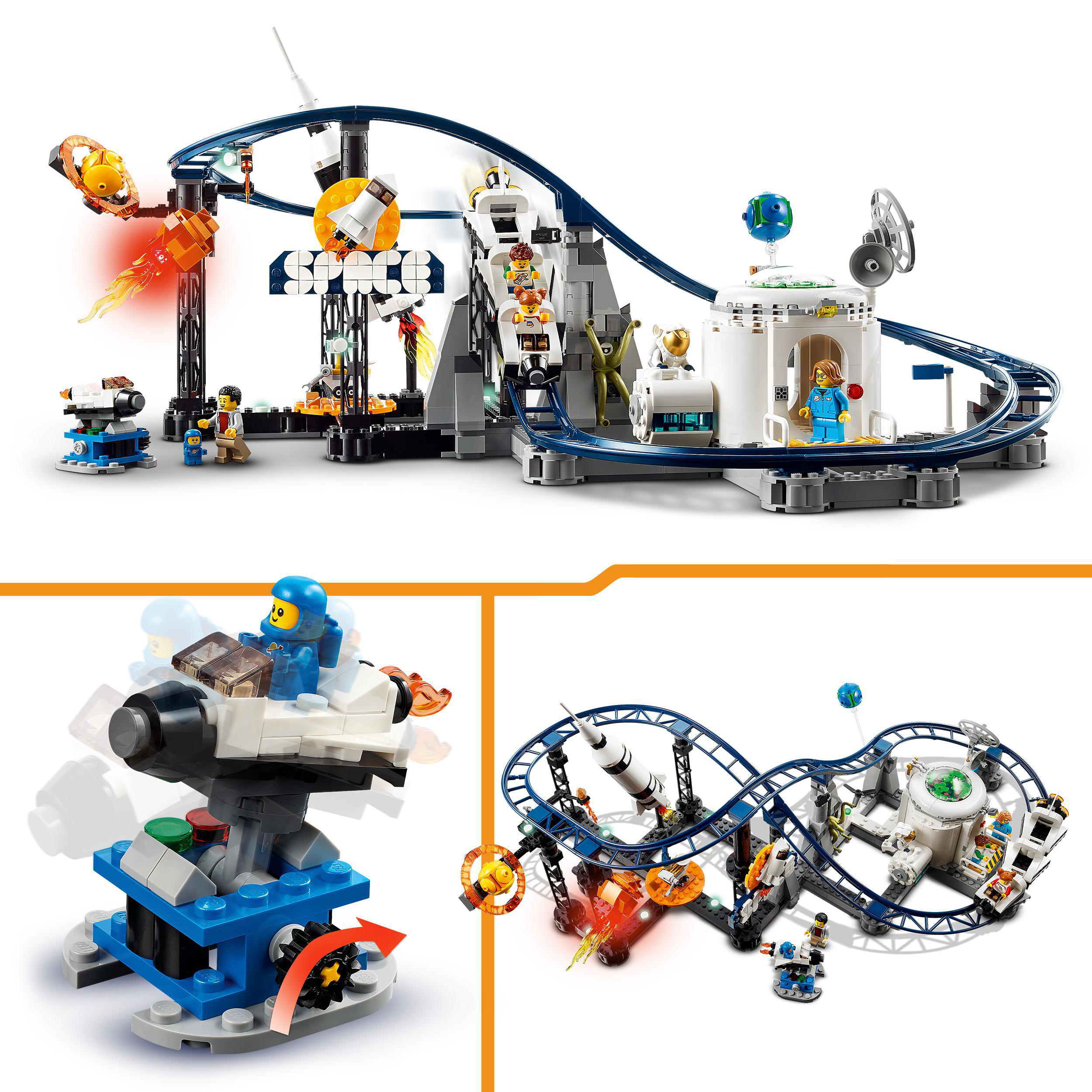 LEGO-Set zum Thema Weltraum. Enthält eine Achterbahn, Figuren und ein Startsystem.
