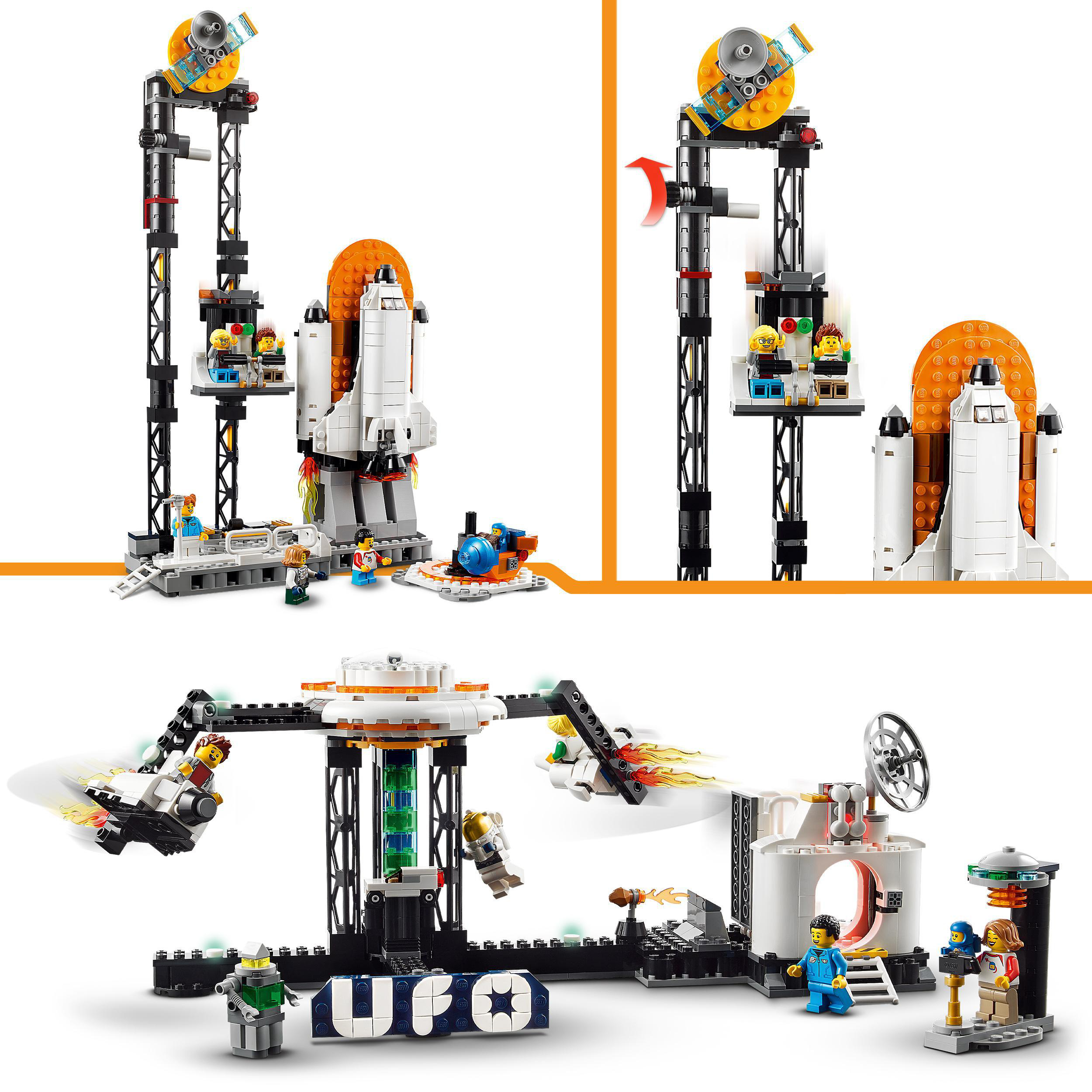 LEGO-Raumstation. Eine Rakete befindet sich auf der Station. Minifiguren und ein UFO sind ebenfalls vorhanden.