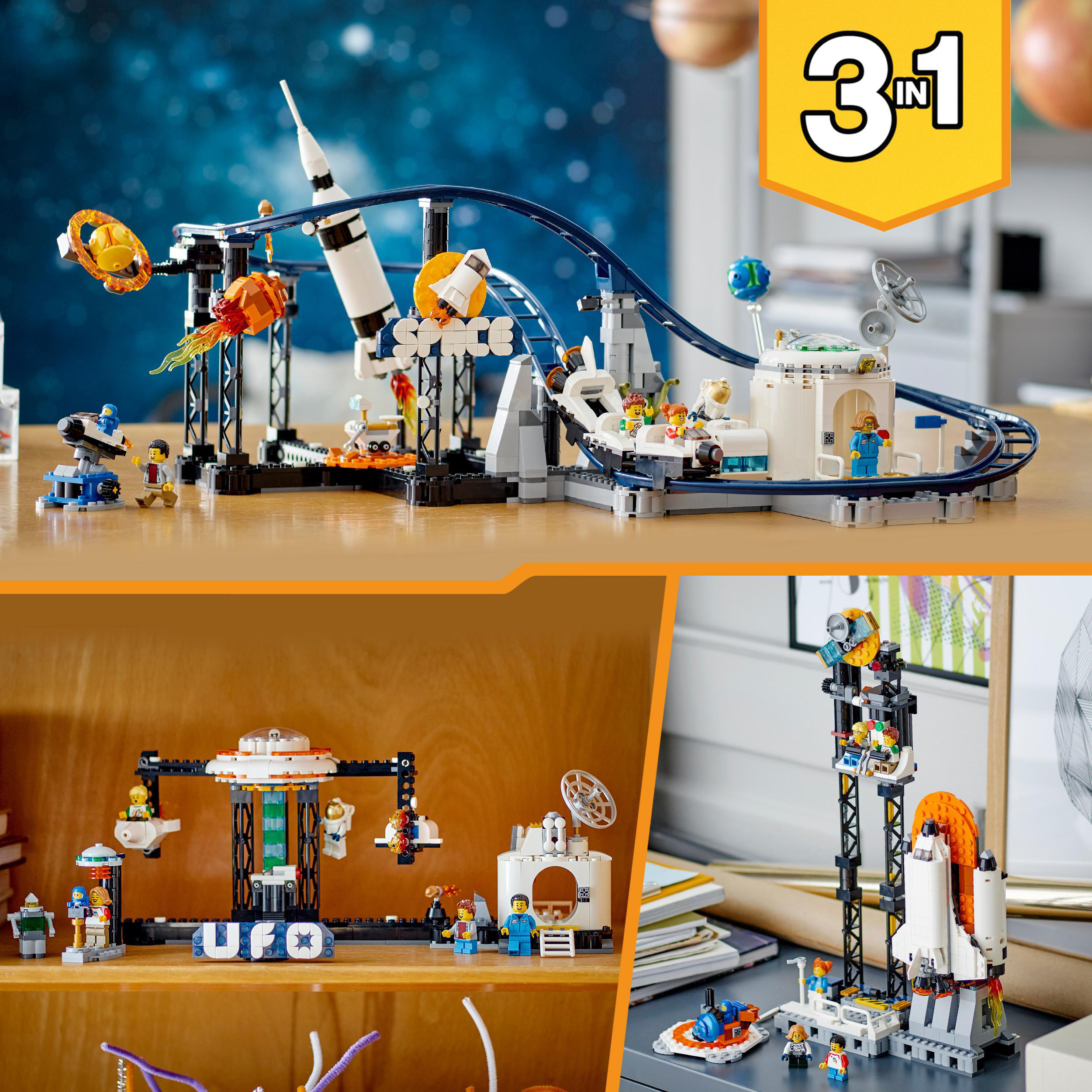 Ein Lego-Set einer Weltraum-Achterbahn mit Rakete, Astronauten und Raumstation.