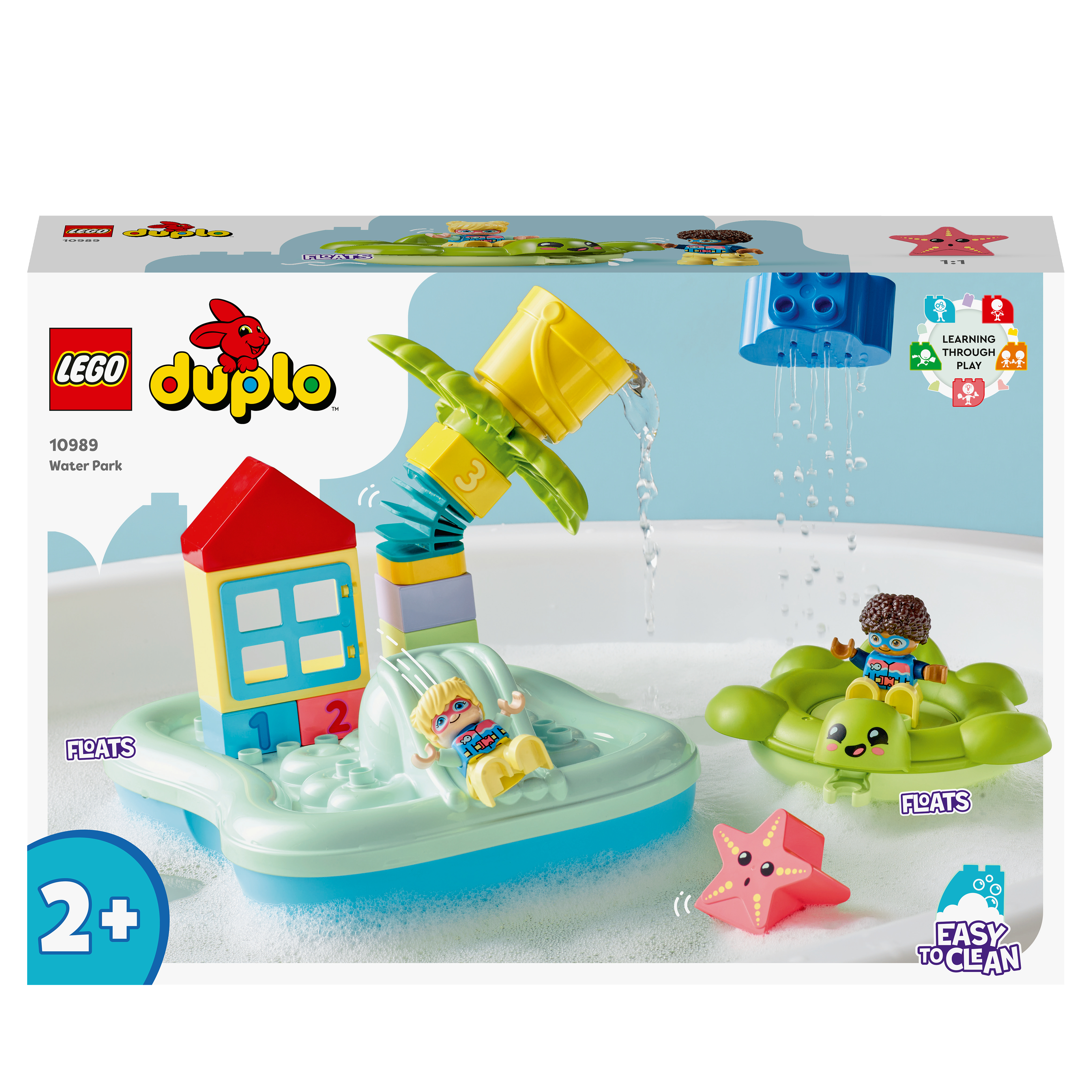 Ein Lego Duplo Set mit einem Wasserpark-Thema. Es gibt eine Box und ein Kind im Wasser.