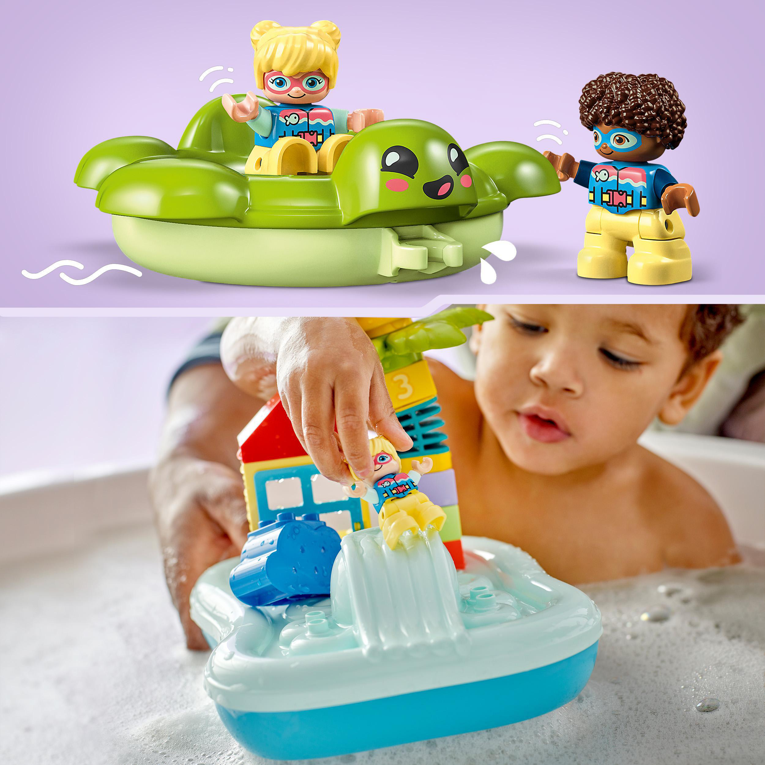 Zwei Sets von LEGO Duplo Spielzeug. Eines zeigt Figuren auf einem Schildkrötenboot, das andere ein Kind, das mit einem Boot spielt.