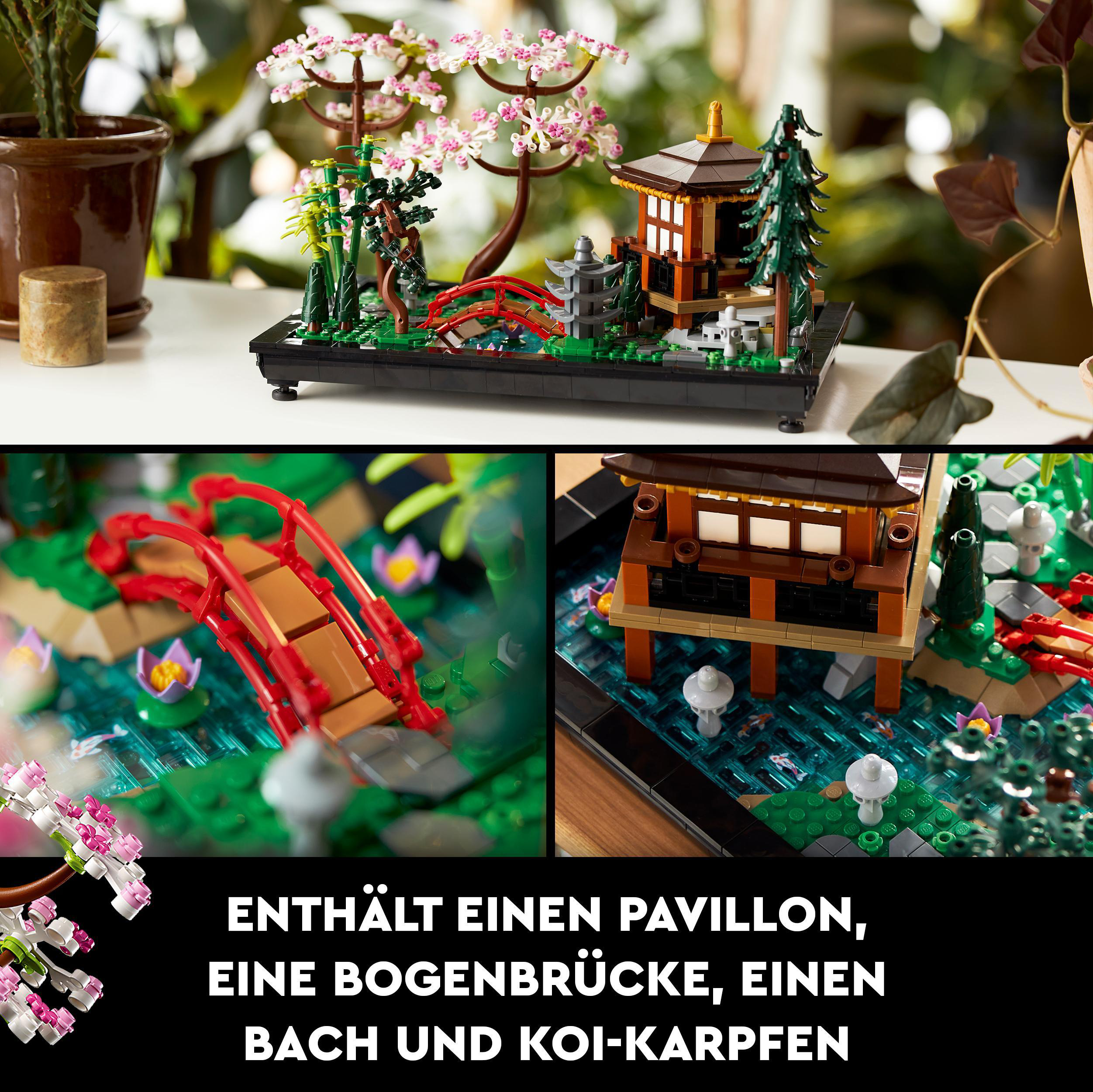 Lego-Szene: Pavillon, Brücke, Bach und Koi-Fische.
