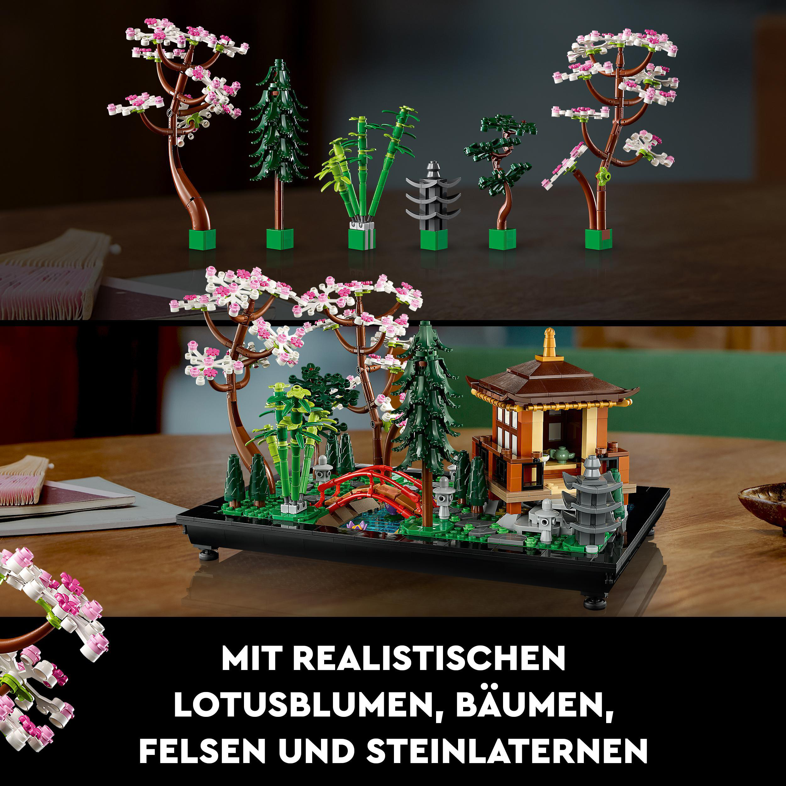 Lego Bonsai-Set. Miniatur-Bäume, eine Brücke und eine Pagode stehen auf schwarzem Grund.