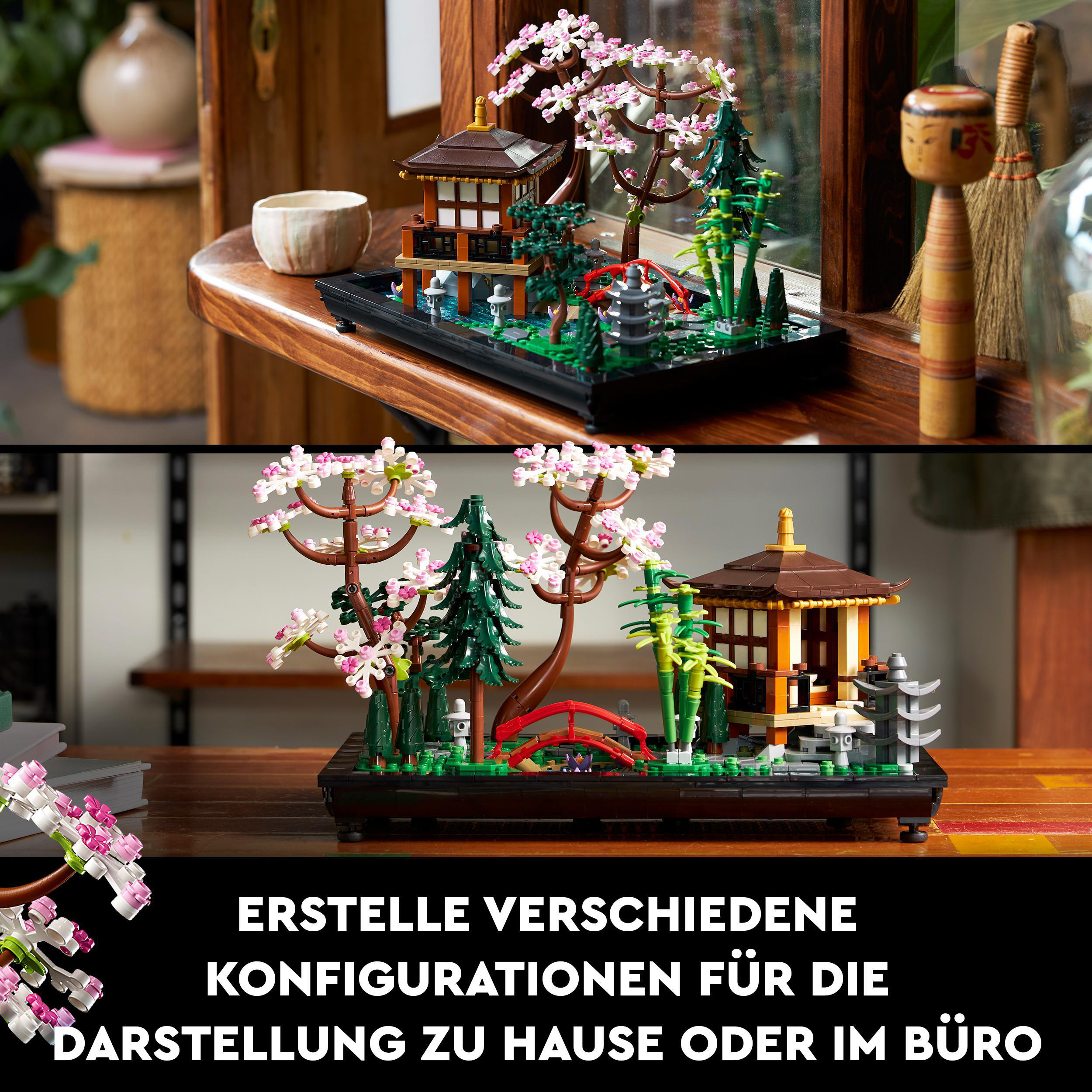 Lego-Modell eines japanischen Gartens. Mehrere Konfigurationen des Modells.
