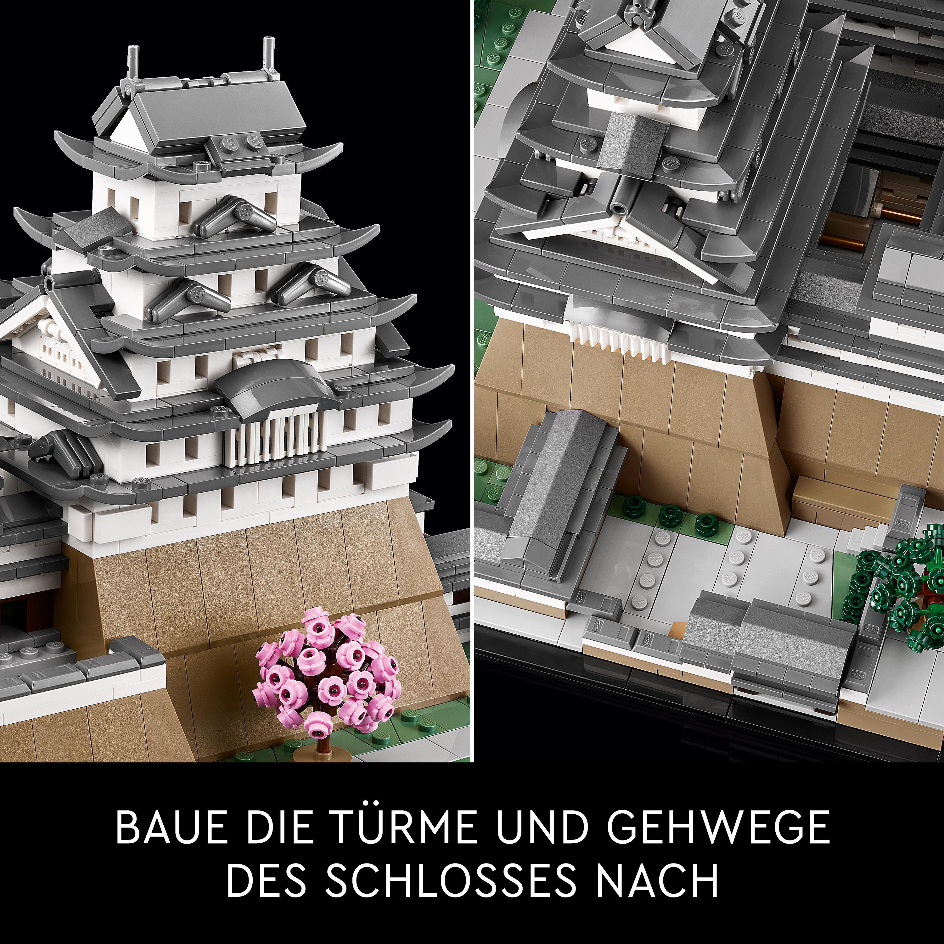 Zwei Nahaufnahmen eines Lego-Burgmodells. Eine zeigt die Türme und eine kleine rosa Blumenanordnung.