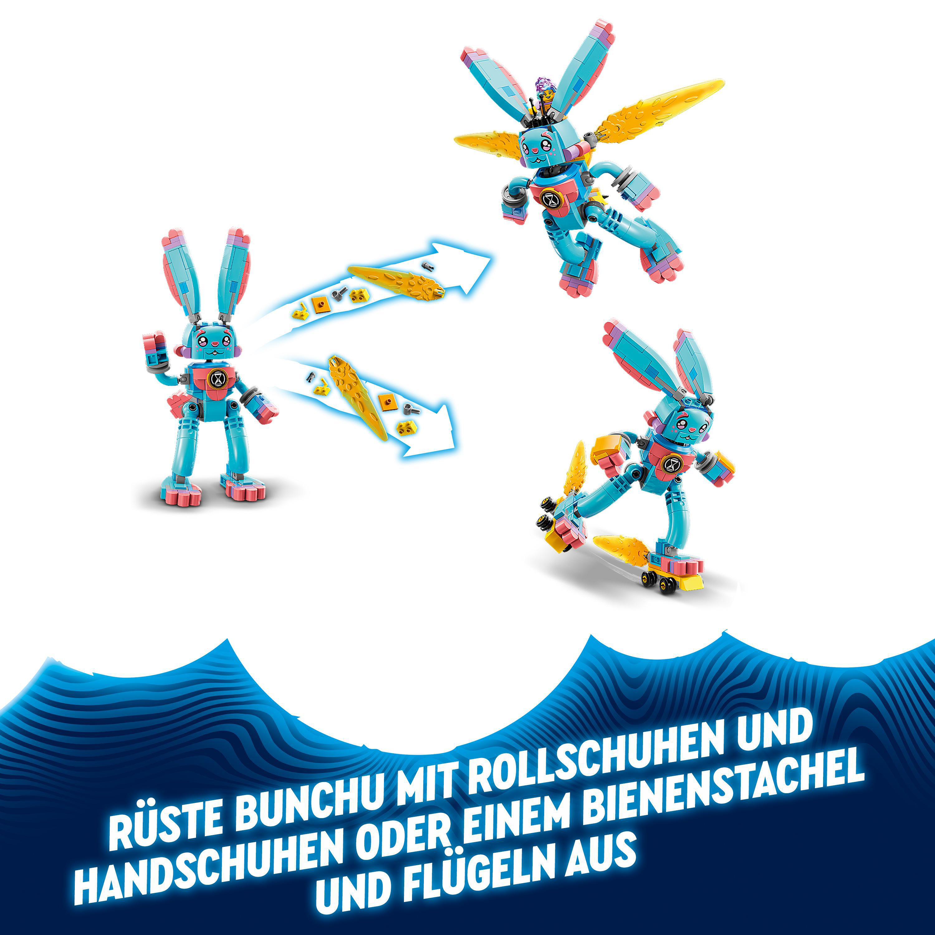 Spielzeugfiguren von Kaninchen, die transformiert werden können. Das Bild zeigt verschiedene Transformationen mit unterschiedlichem Zubehör.