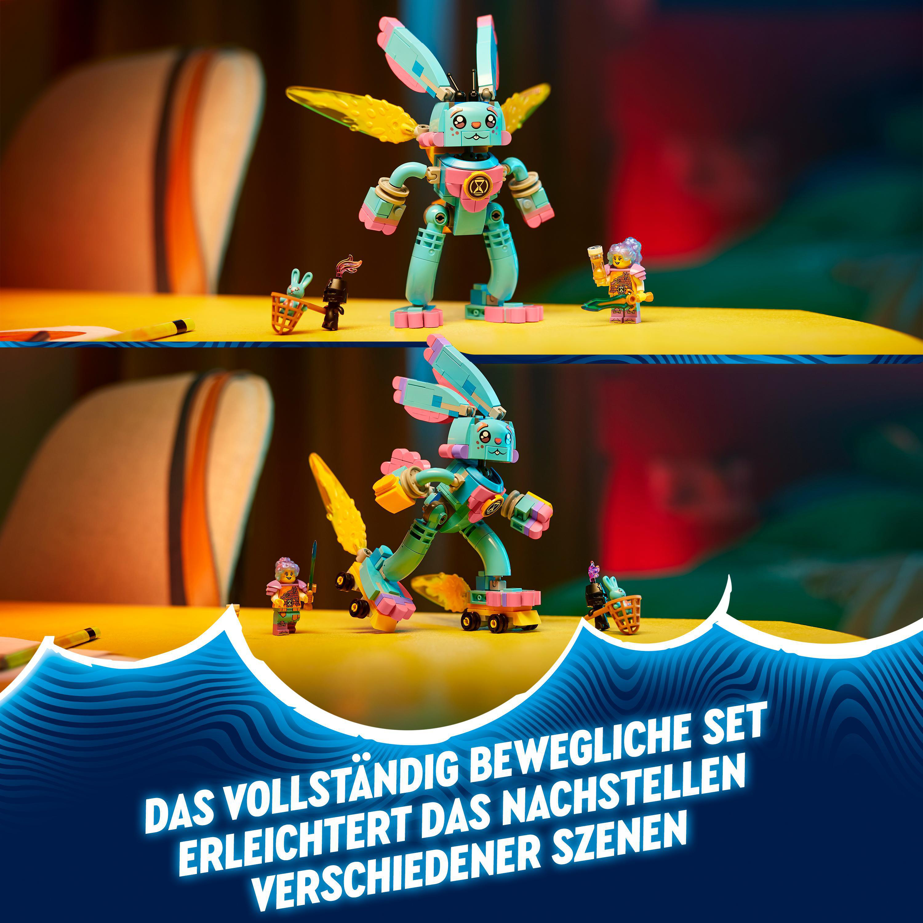 Lego Roboter-Hase mit Flügeln. Lego-Minifiguren und ein Schreibtisch im Hintergrund.