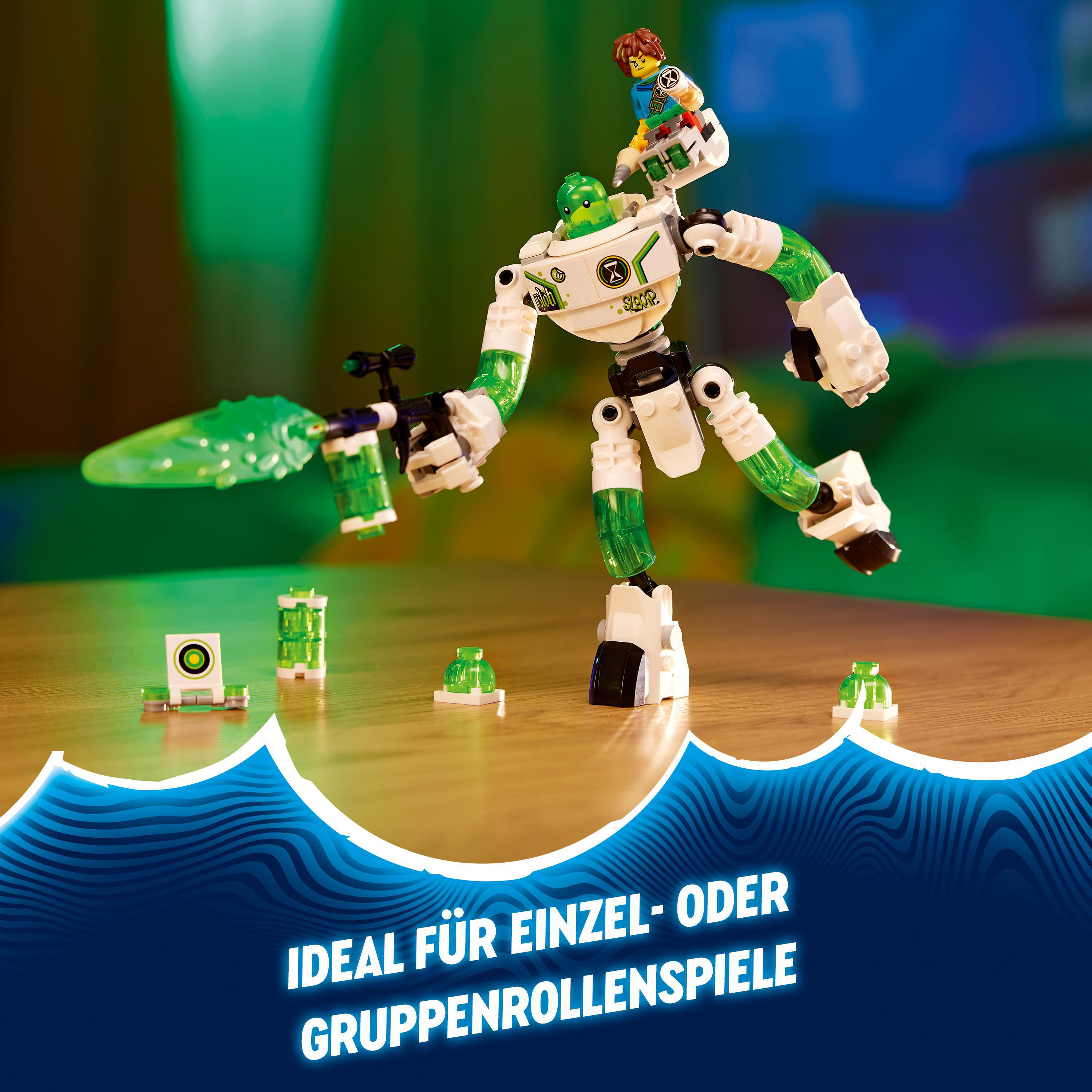 Lego-Set mit Ben 10-Figur in einem Mech-Anzug. Enthält grüne Energieeffekte und Lego-Steine.
