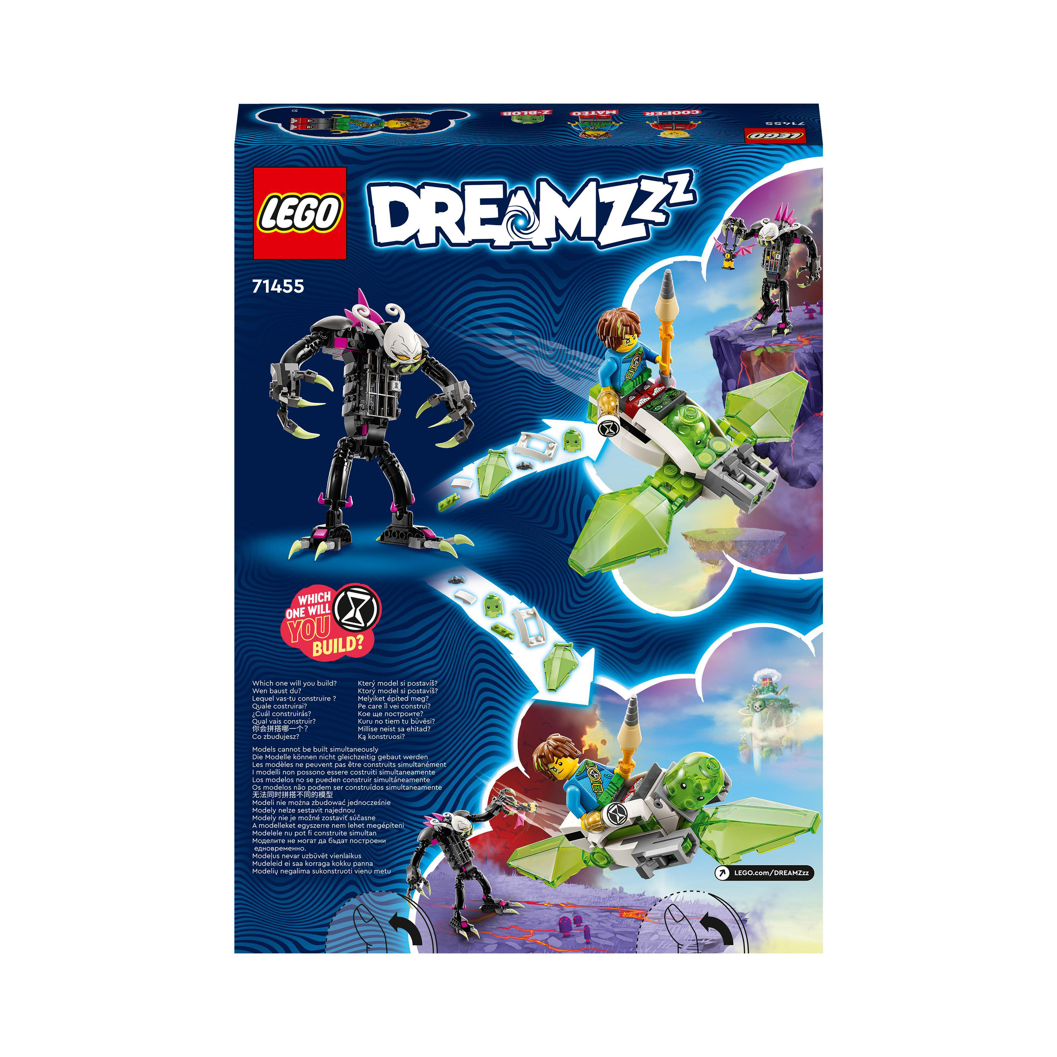 Rückseite einer Lego-Box für das Dreamzzz-Set. Sie zeigt Bauanleitungen und Figuren.