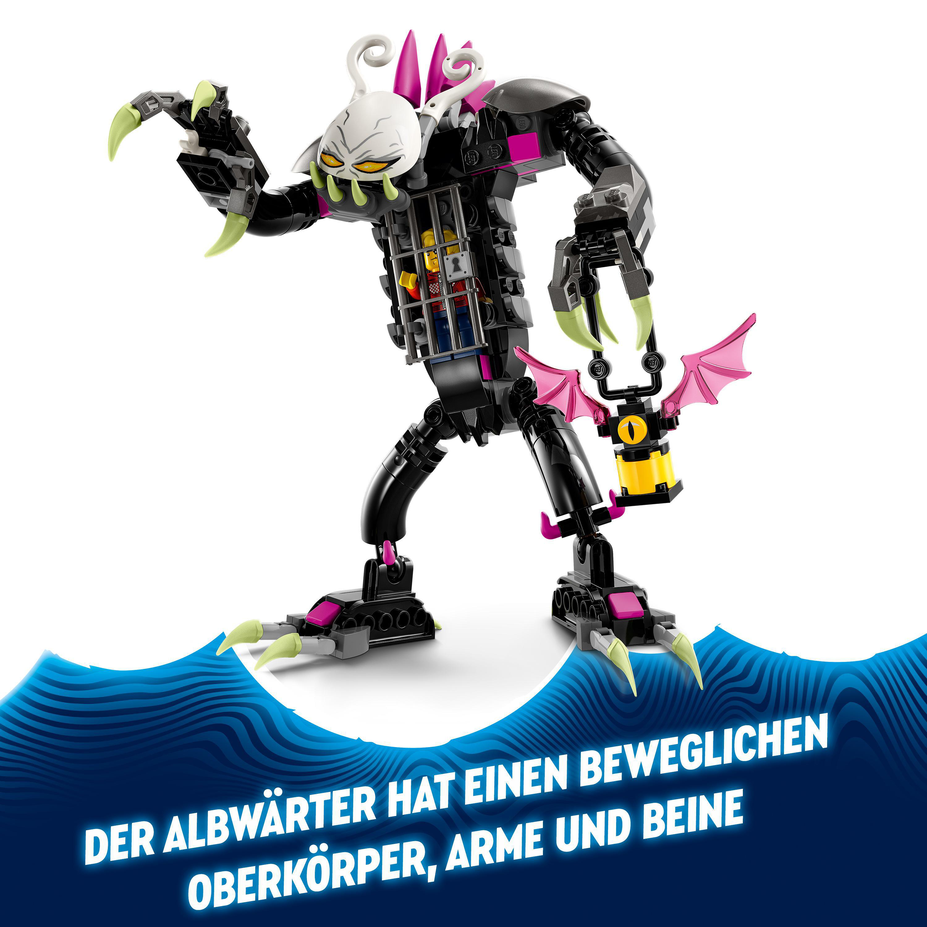 Ein Lego-Monster mit beweglichem Oberkörper, Armen und Beinen, das auf Wellen steht. Es hat ein Fledermauszubehör.