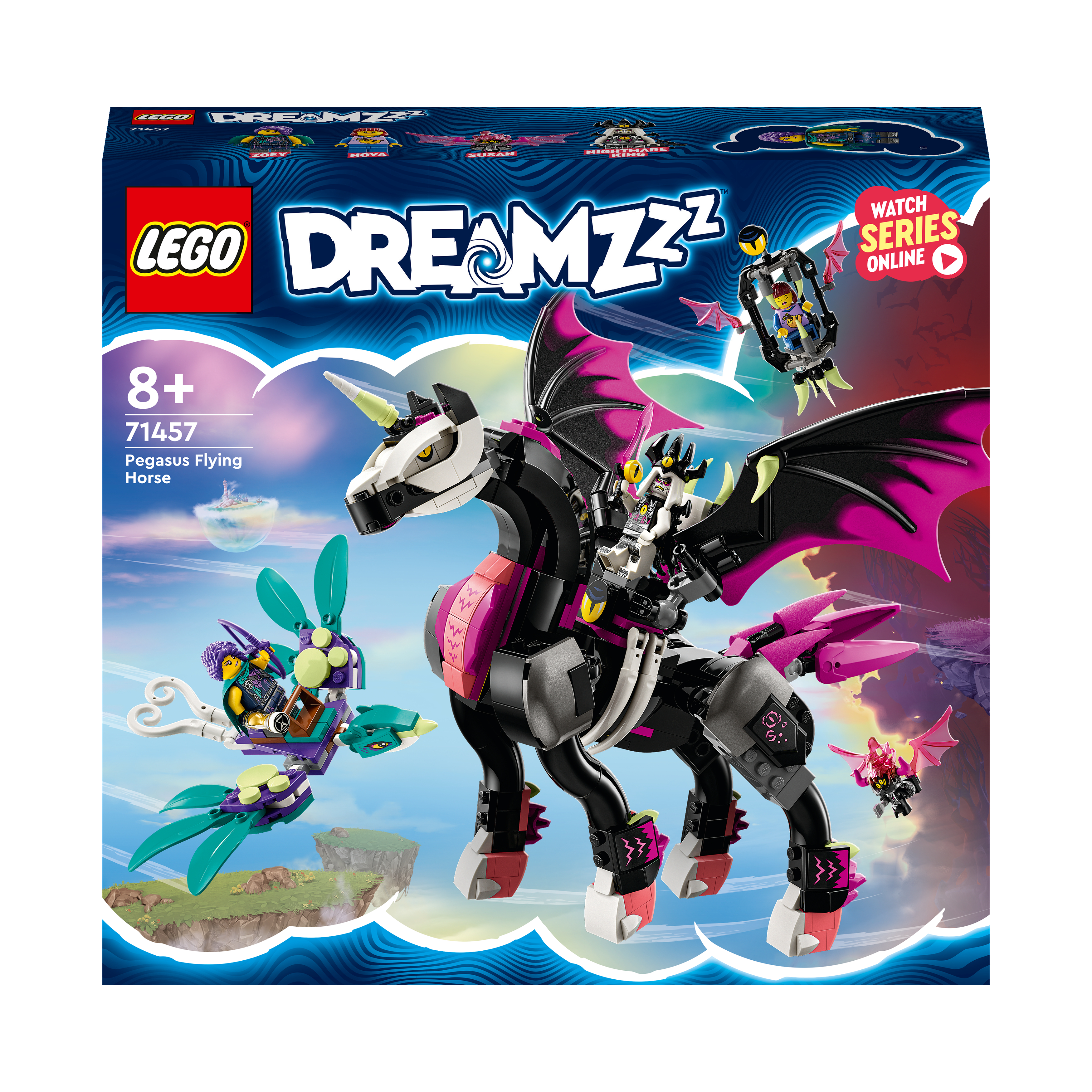 Lego Dreamzzz Set-Box mit schwarzem Pferd und fliegendem Geschöpf. Weißer Hintergrund.