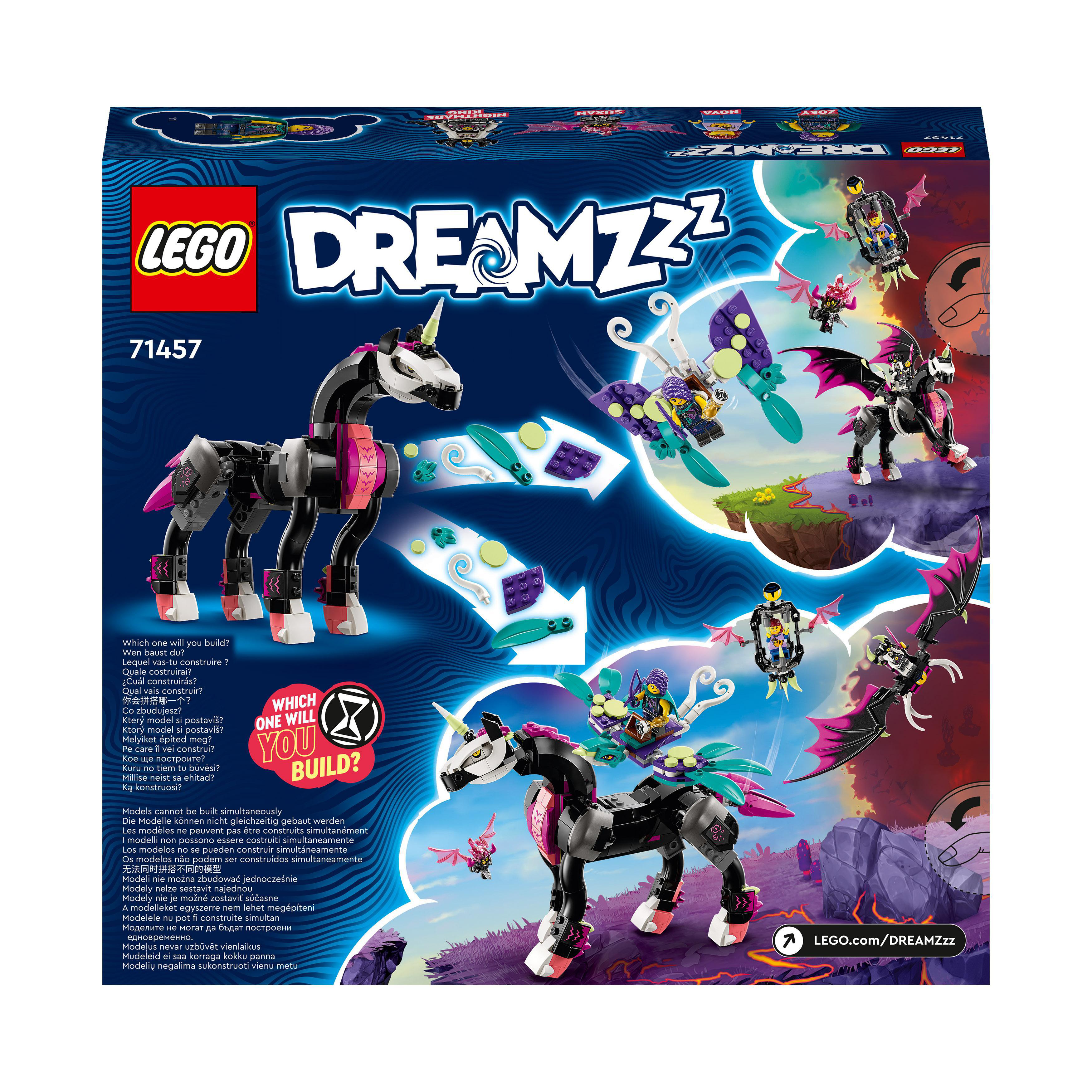 Schachtelkunst für ein Lego Dreamzzz-Set mit einem Einhorn und verschiedenen Fantasiewesen.